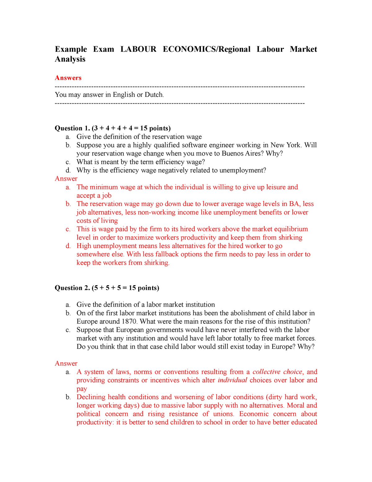 Practice exam 2015, Questions and answers Example Exam LABOUR ECONOMICS StudeerSnel