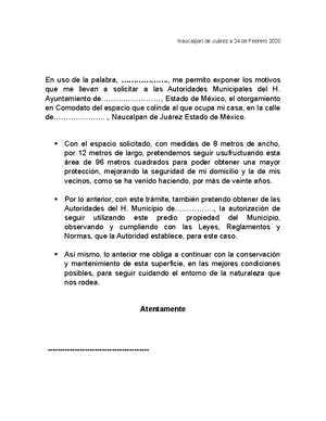 Carta DE Exposicion DE Motivos Naucalpan de Ju rez 24 de Febrero 2020