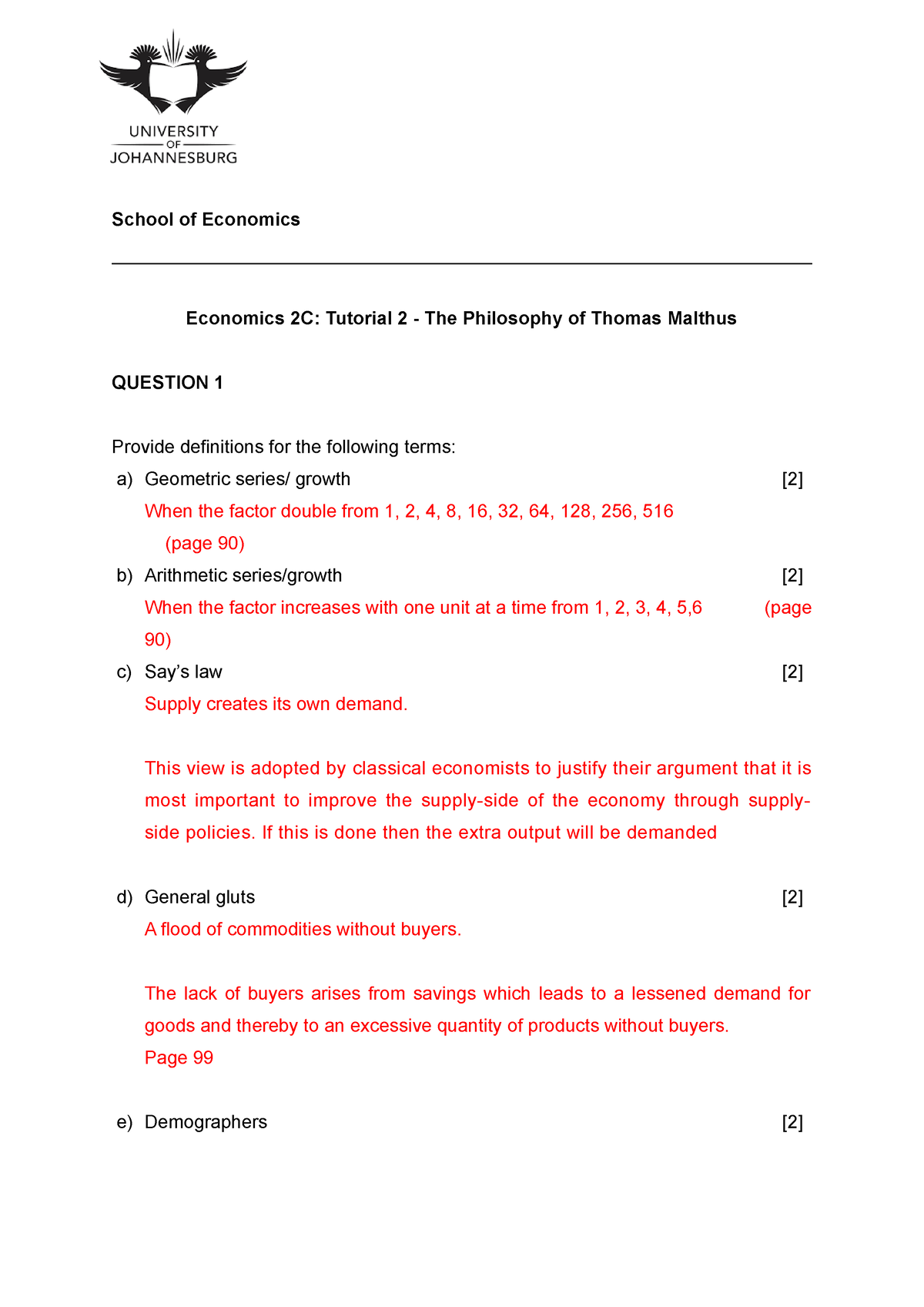 Tutorial 2 memo - Tut questions and answers - School of Economics ...