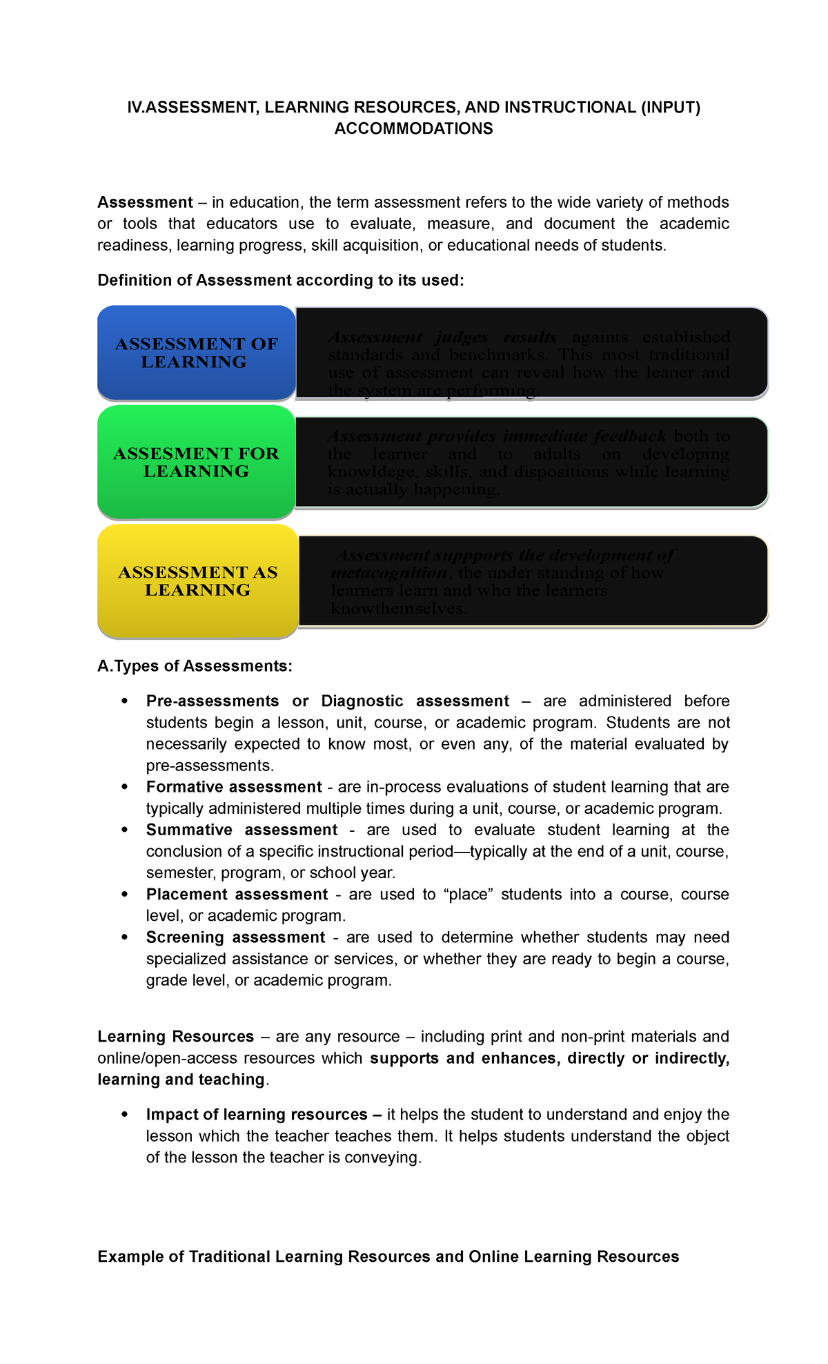 Chapter 4 Types Of Assessments Iv Learning Resources And Instructional Input 7552