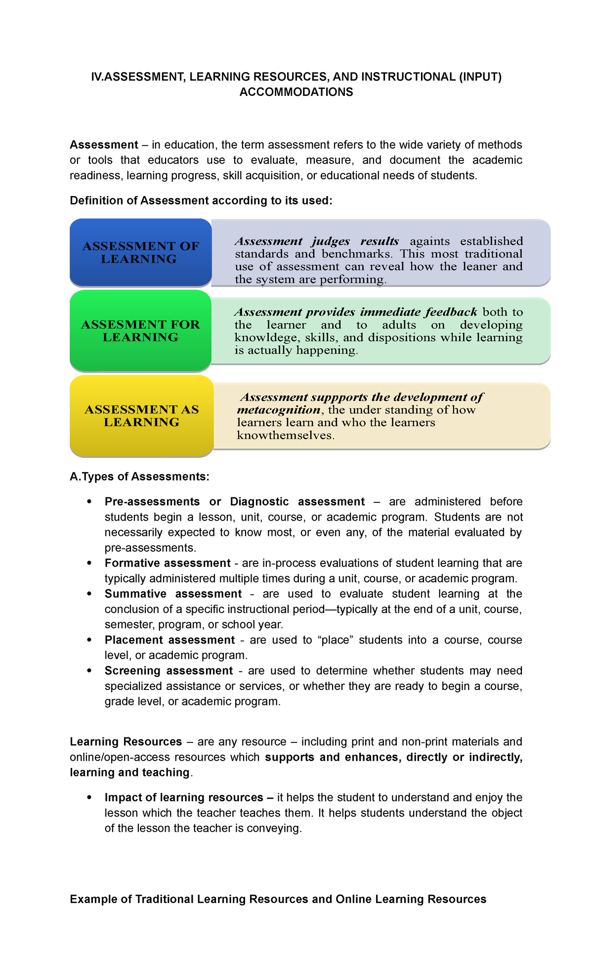 Chapter 4 Types OF Assessments IV LEARNING RESOURCES AND 