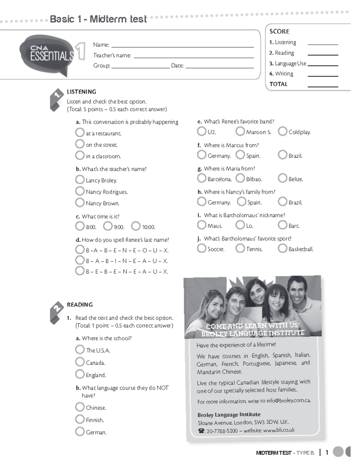 CNA Basic 1 Midterm Testb.indd - Basic 1 - Midterm Written Test - Tipo ...