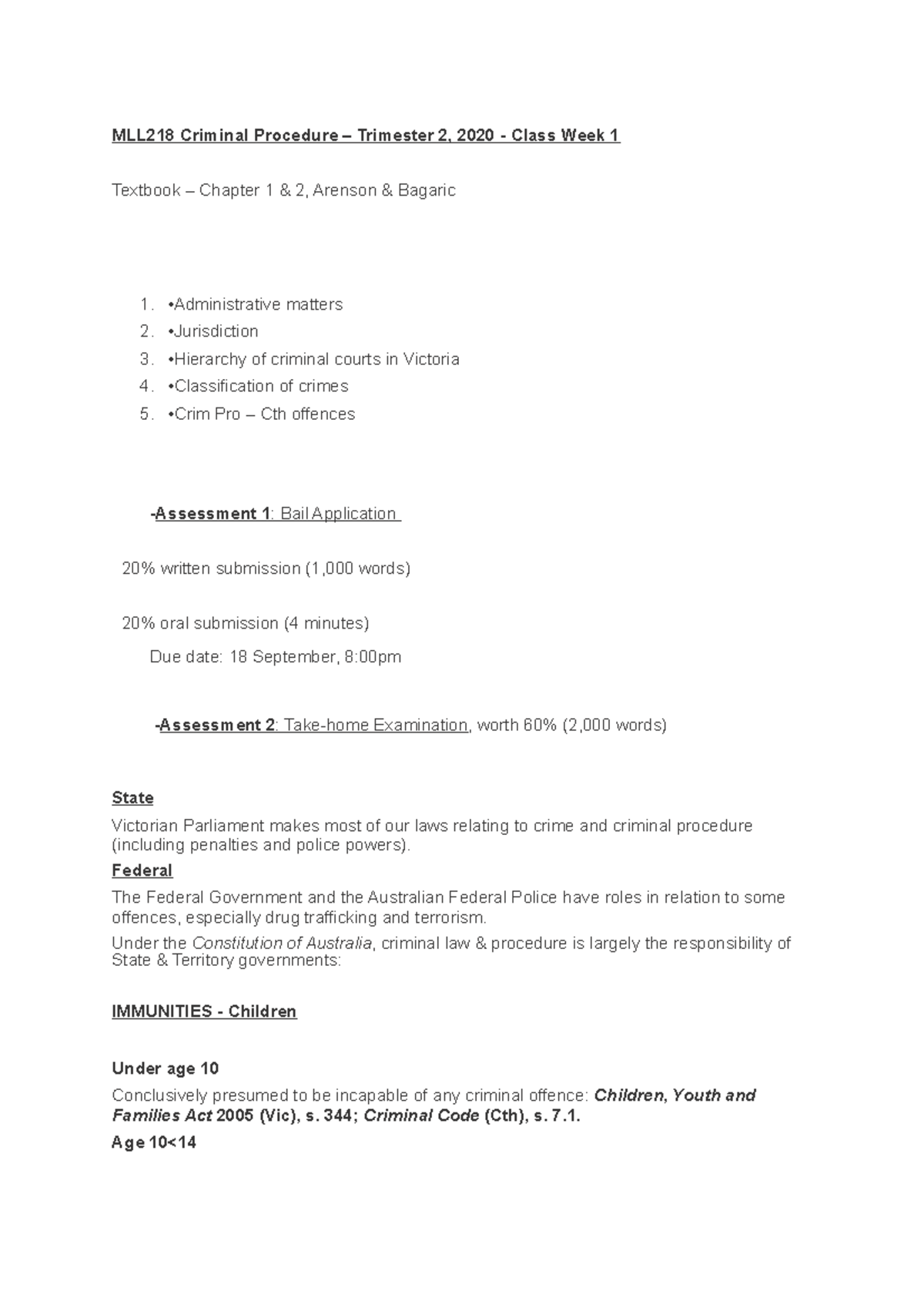 Week 1 - Overview - Lecture notes 1 - MLL218 Criminal Procedure ...