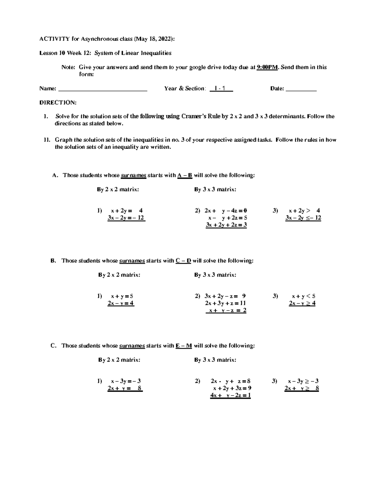 Activity for L10 W12 for I - 1 - System of Linear Inequalities ...