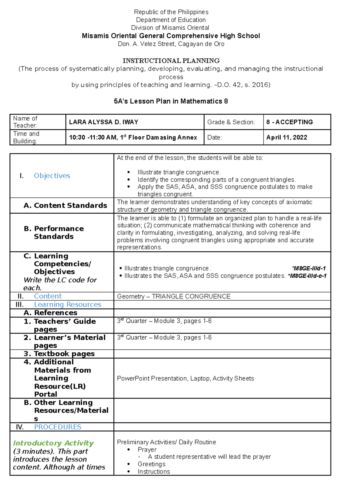 5As Iway Lesson Plan Final Republic Of The Philippines Department Of