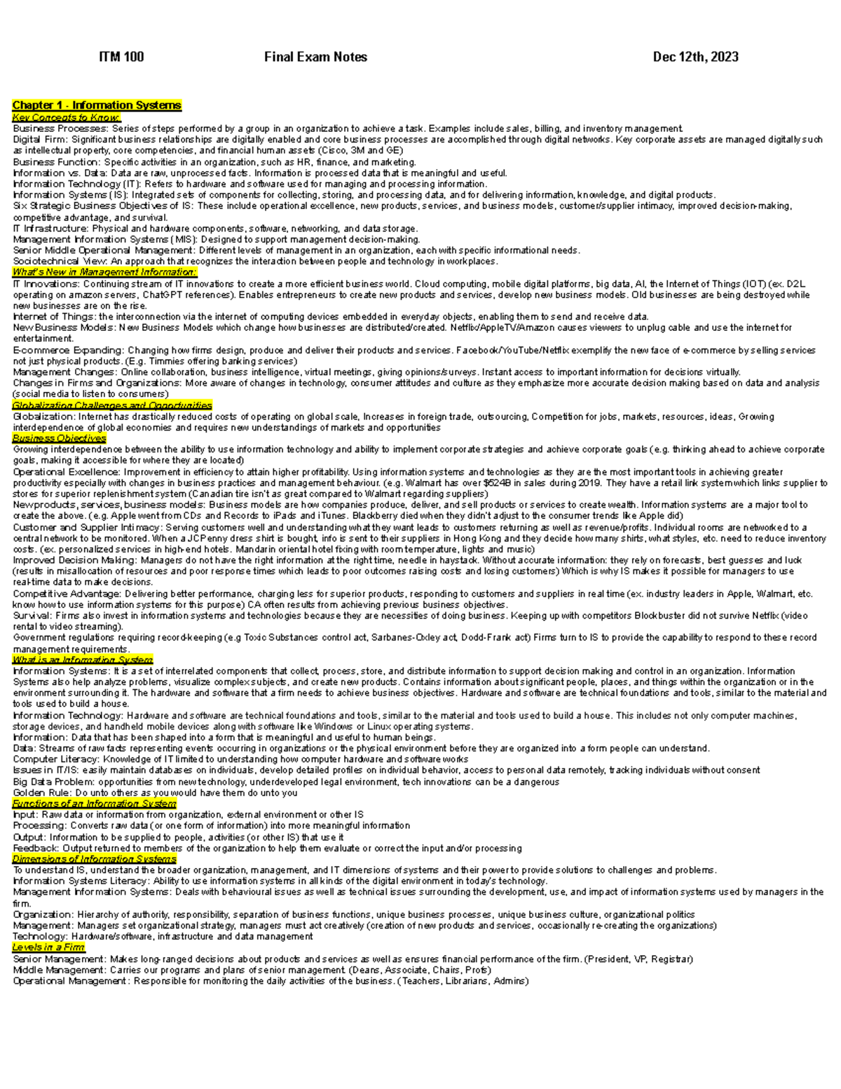 ITM 100 Final Exam Notes - Chapter 1 - Information Systems Key Concepts ...