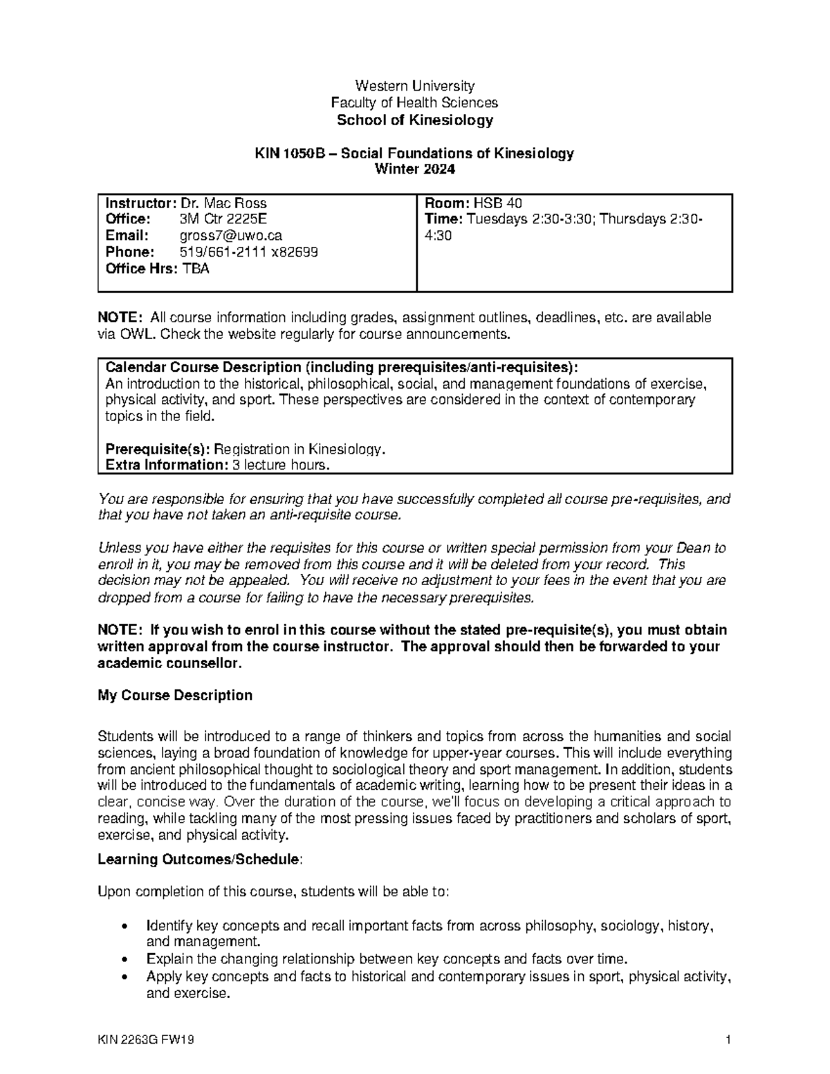 KIN 1050B - Ross - Syllabus - Western University Faculty of Health ...