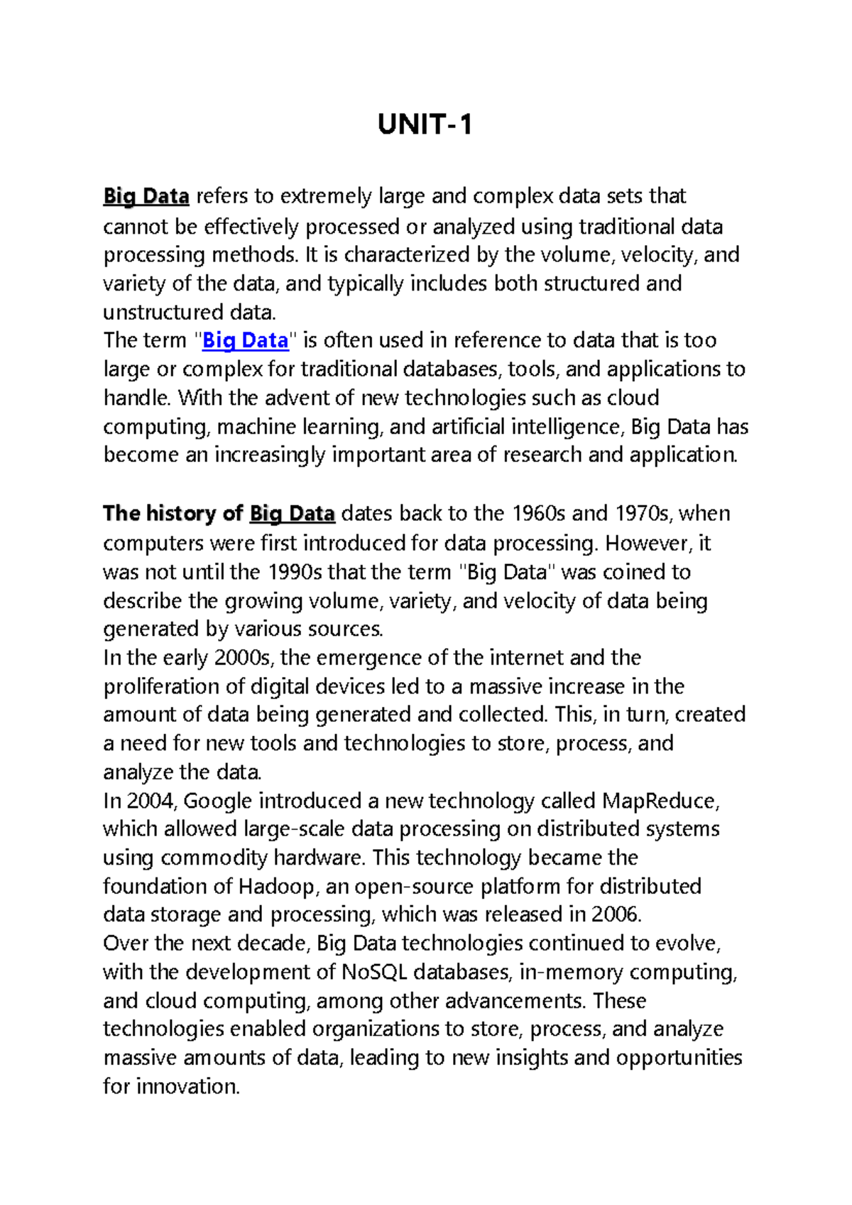 Big Data notes - UNIT- 1 Big Data refers to extremely large and complex ...