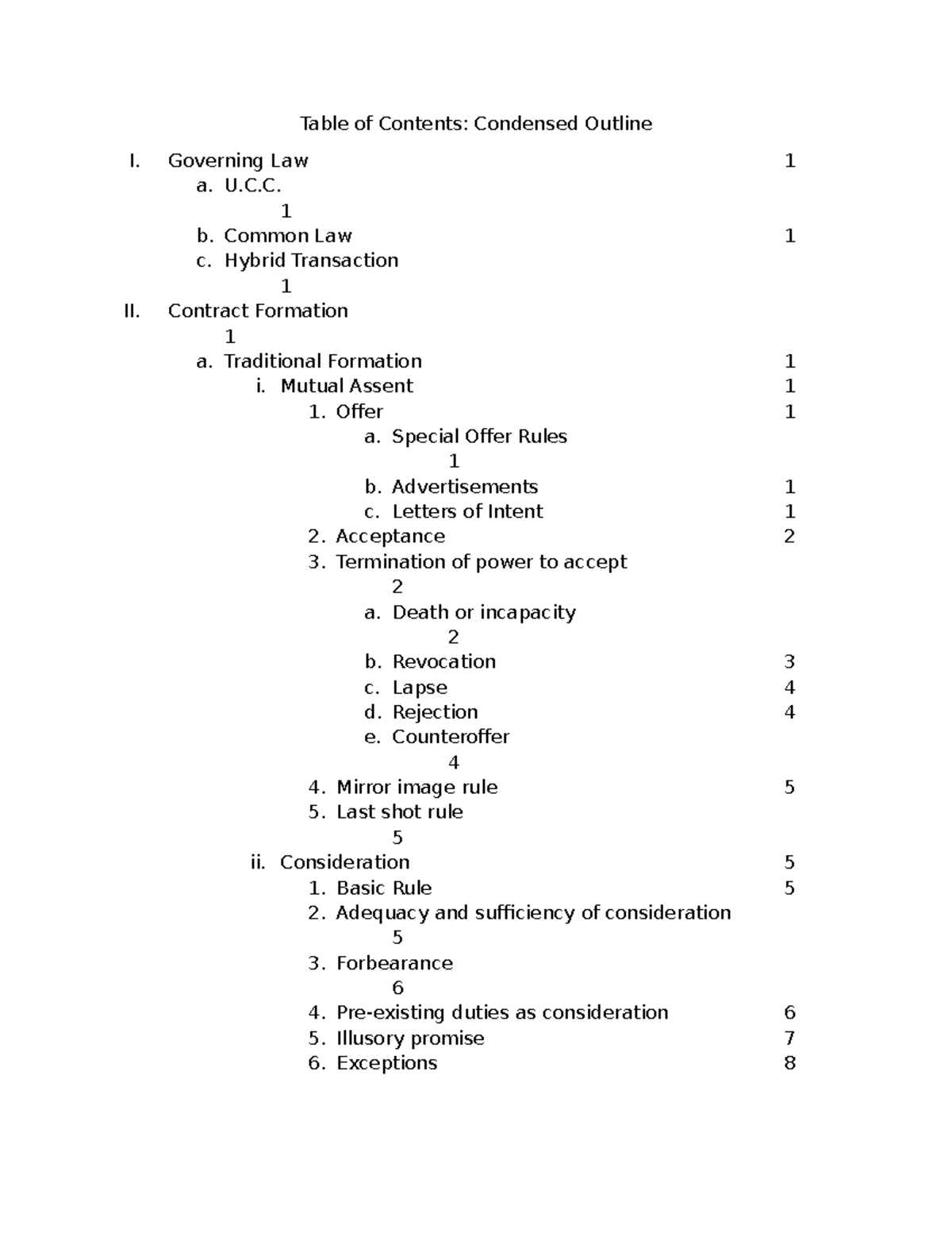 Condensed Outline ToC - Table of Contents: Condensed Outline I ...
