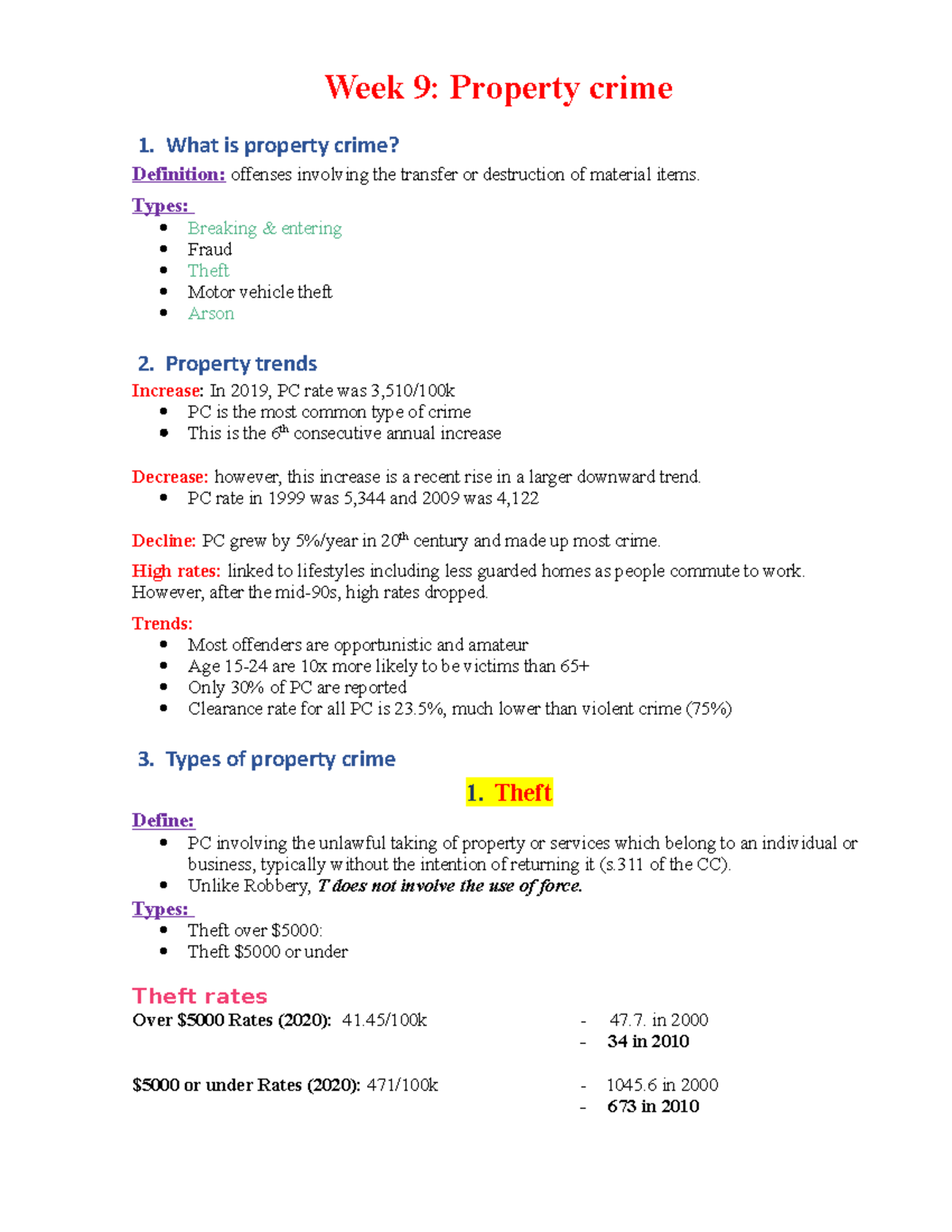 Week 9 - CRM 101 - WEEK 9 Study Notes - Week 9: Property crime 1. What ...