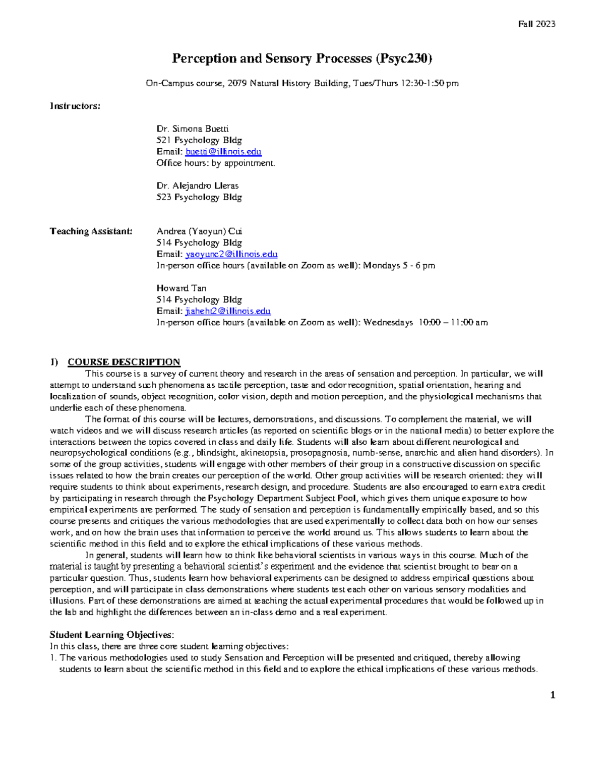 Psyc230 Syllabus Perception and Sensory Processes on Campus FA23 0804 ...