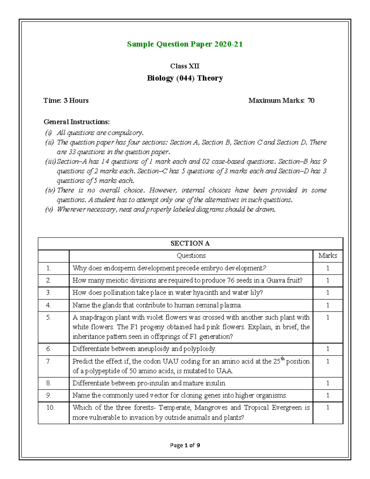 Biology-SQP - Biologoy test - Sample Question Paper 2020- Class XII ...