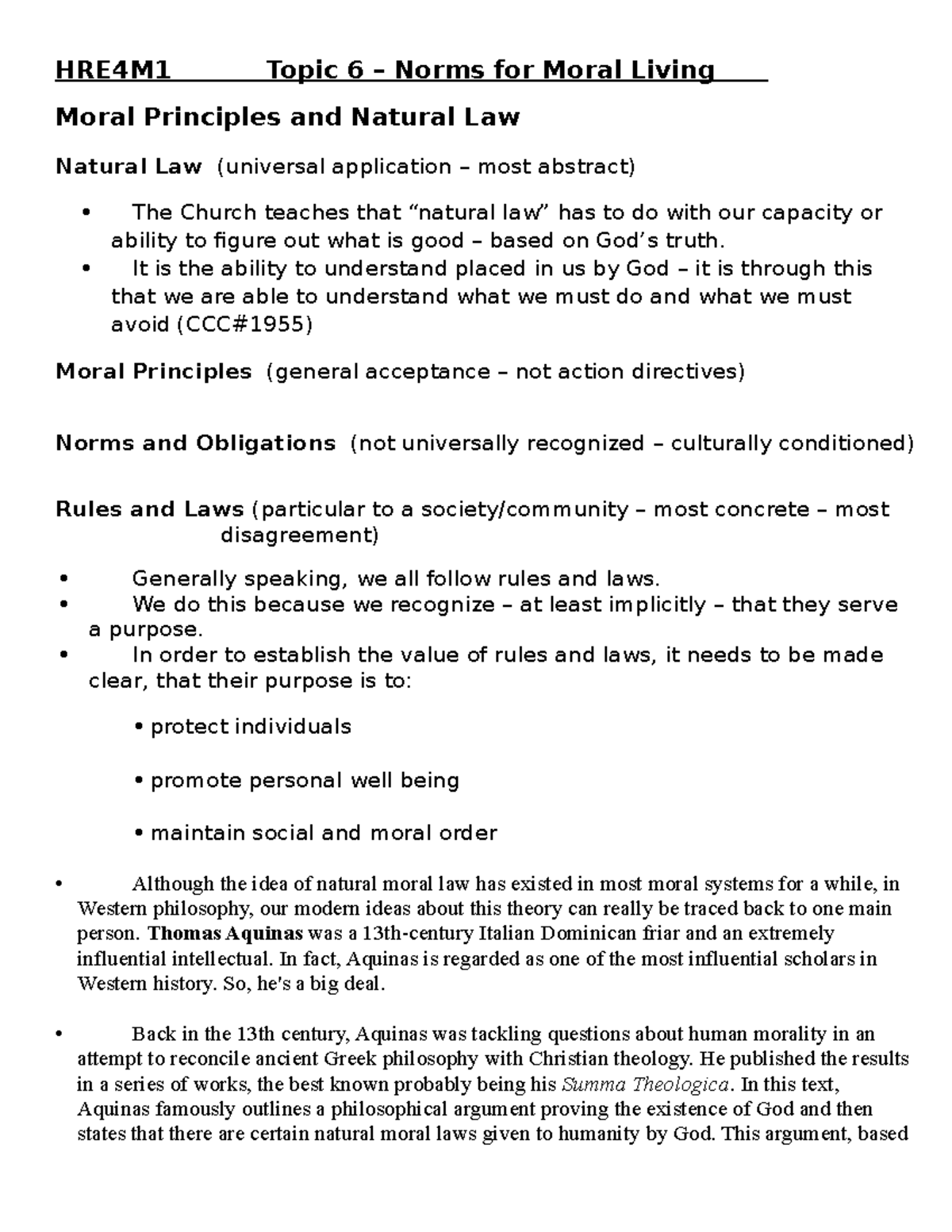 Topic 6 – Norms for Moral Living handout on Natural Law-2 - HRE4M1 ...