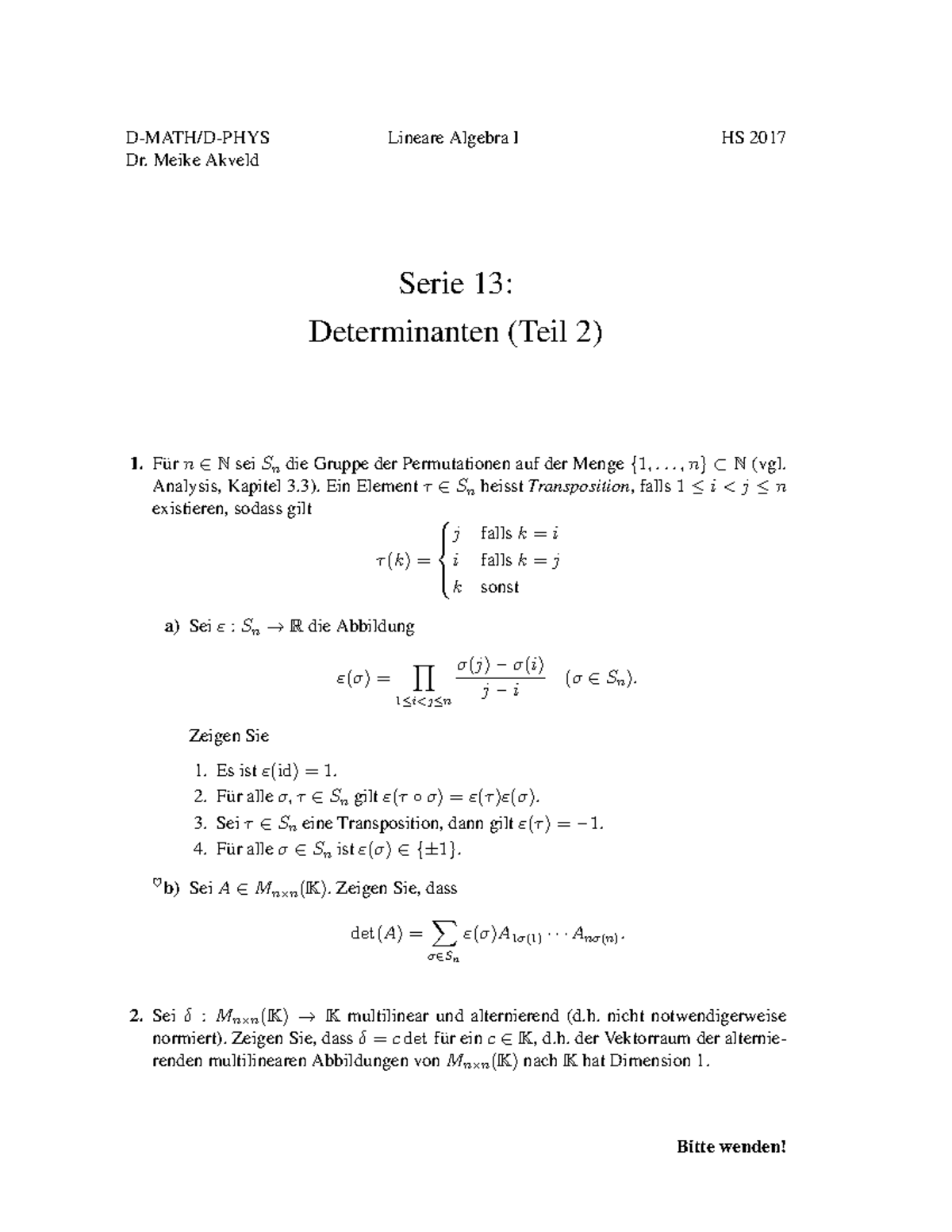 Lineare Algebra I S13 Meike Akveld Serie 13 Determinanten (Teil 2