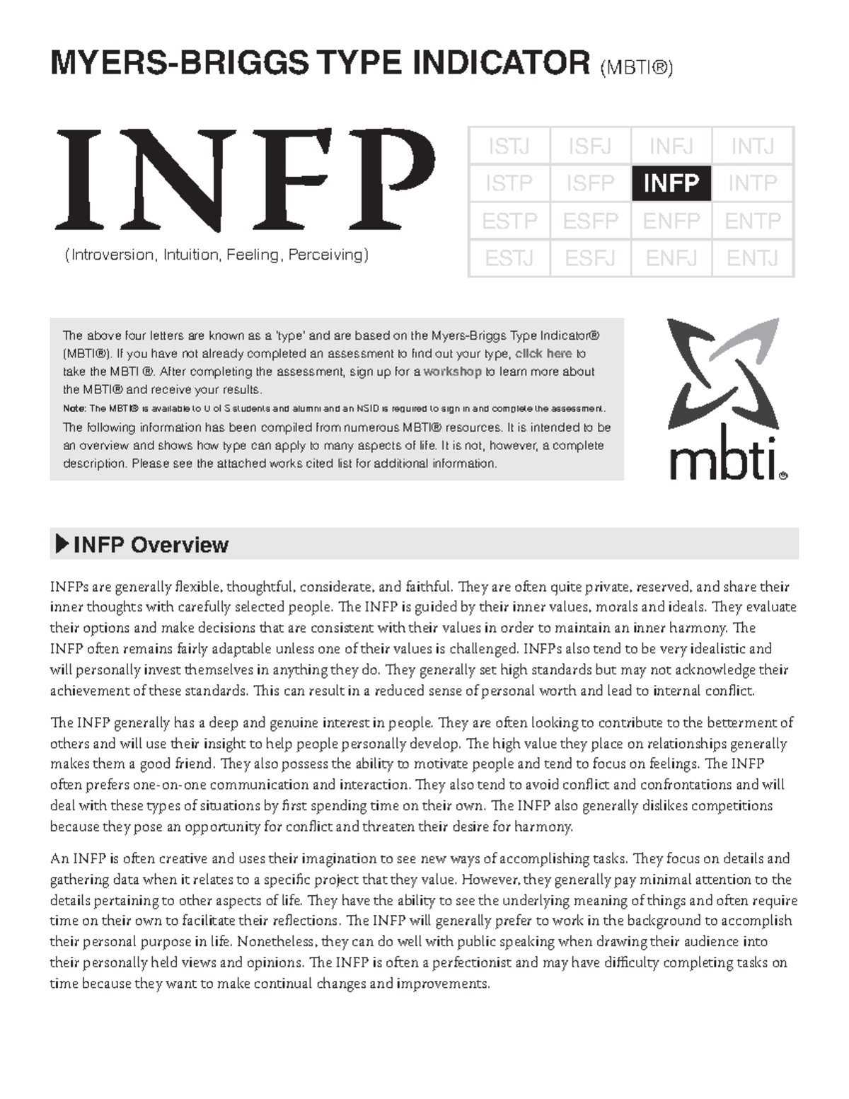 INFP - Infp - Myers-Briggs Type indicaTor (MBTI®) INFP ...