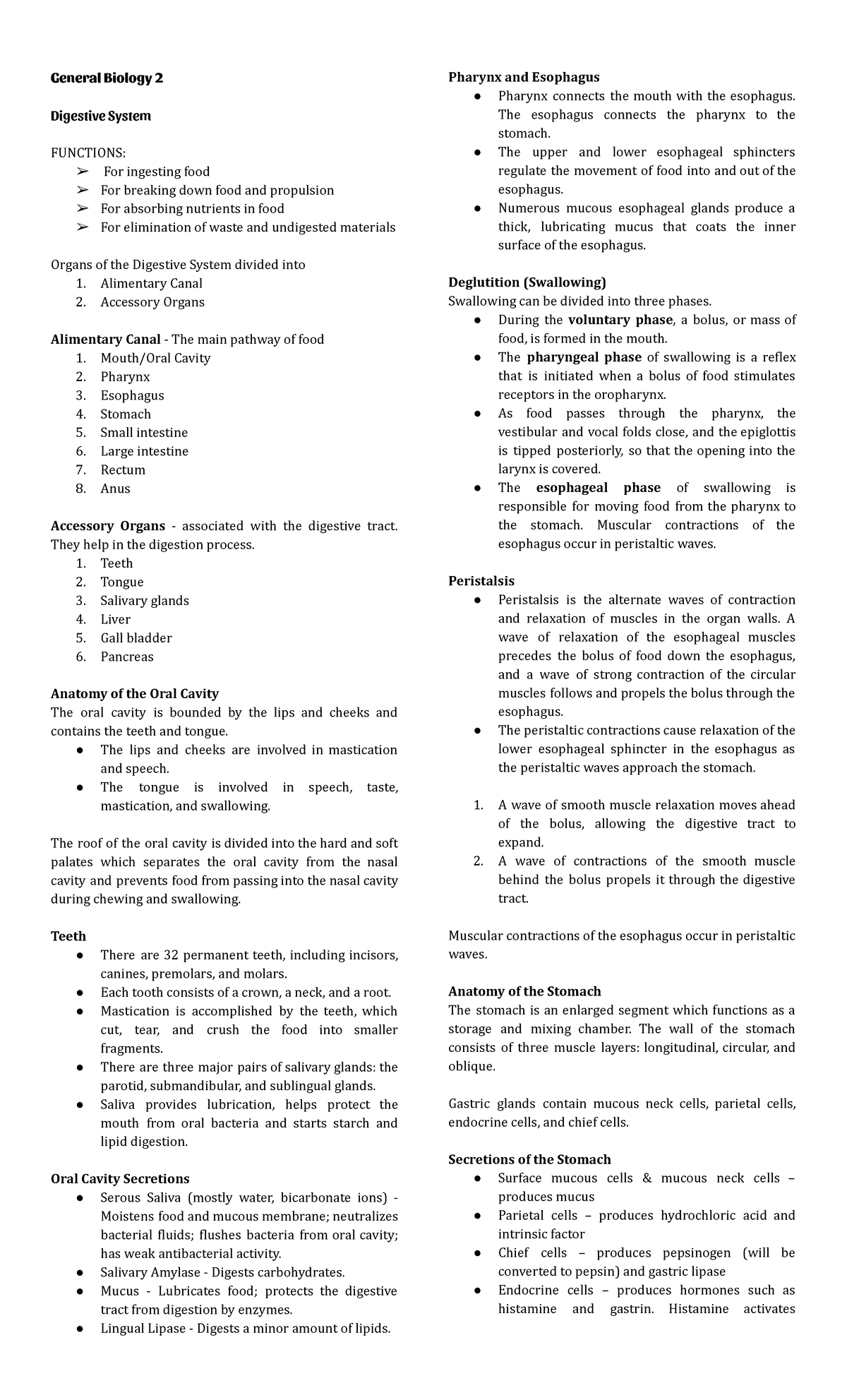 Bio Notesby Yanaaaaaaaa - General Biology 2 Digestive System FUNCTIONS ...