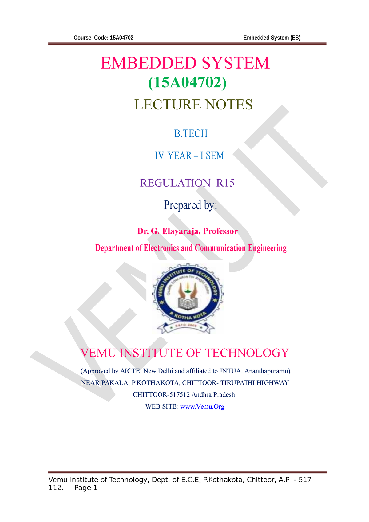 30 12 2019 92202000 1 - EMBEDDED SYSTEM (15A04702) LECTURE NOTES B IV ...