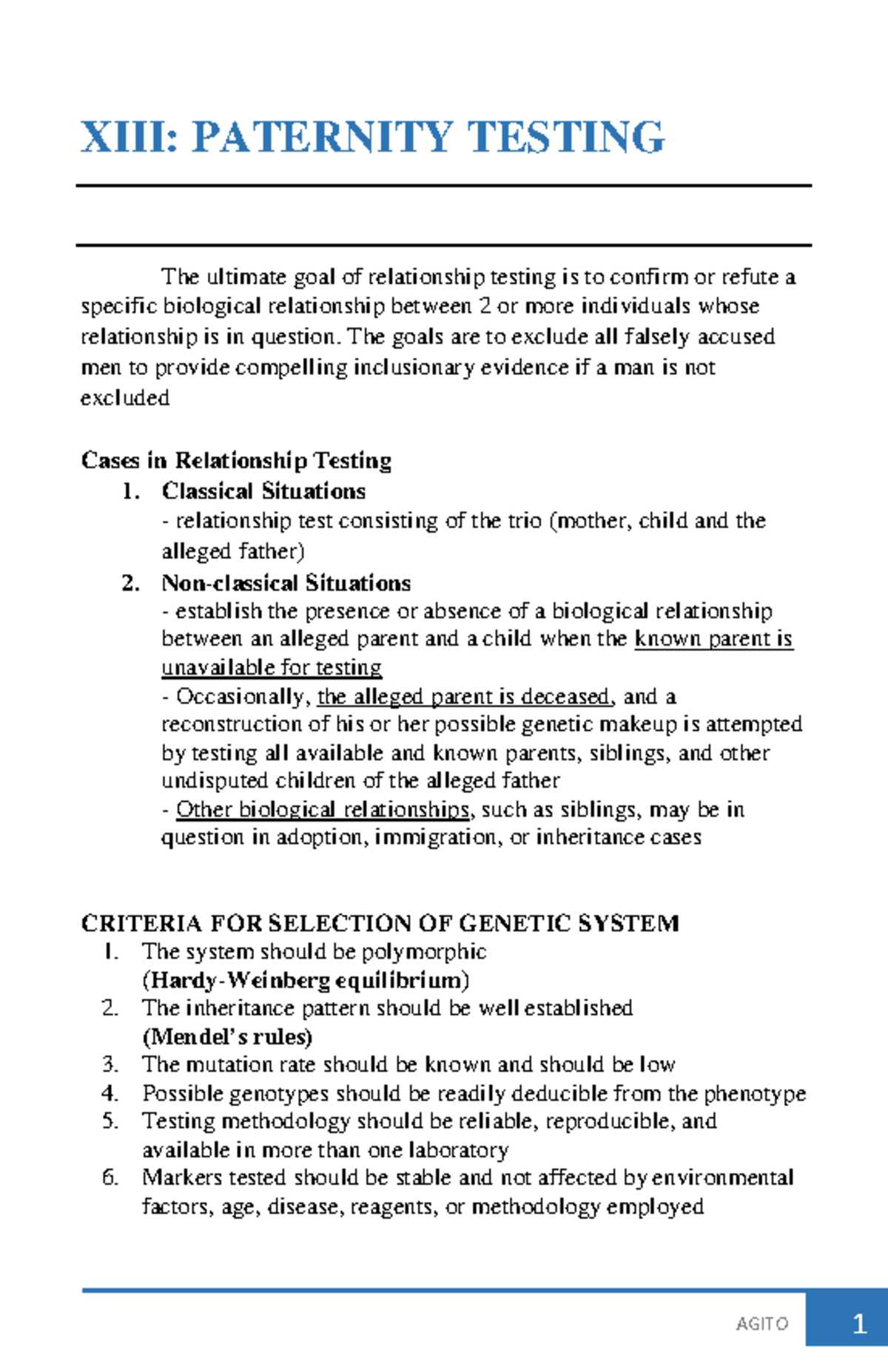 13 Paternity - summaries - XIII: PATERNITY TESTING The ultimate goal of ...