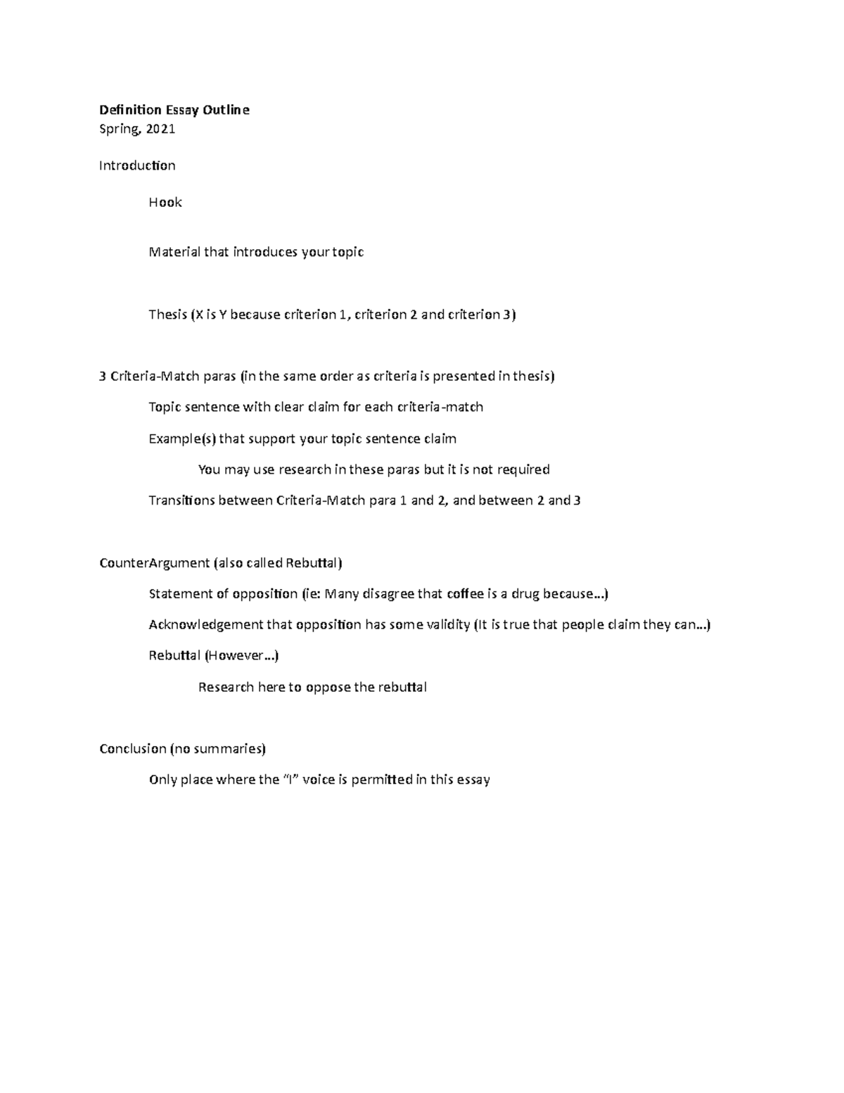 Definition Essay Outline Definition Essay Outline Spring, 2021