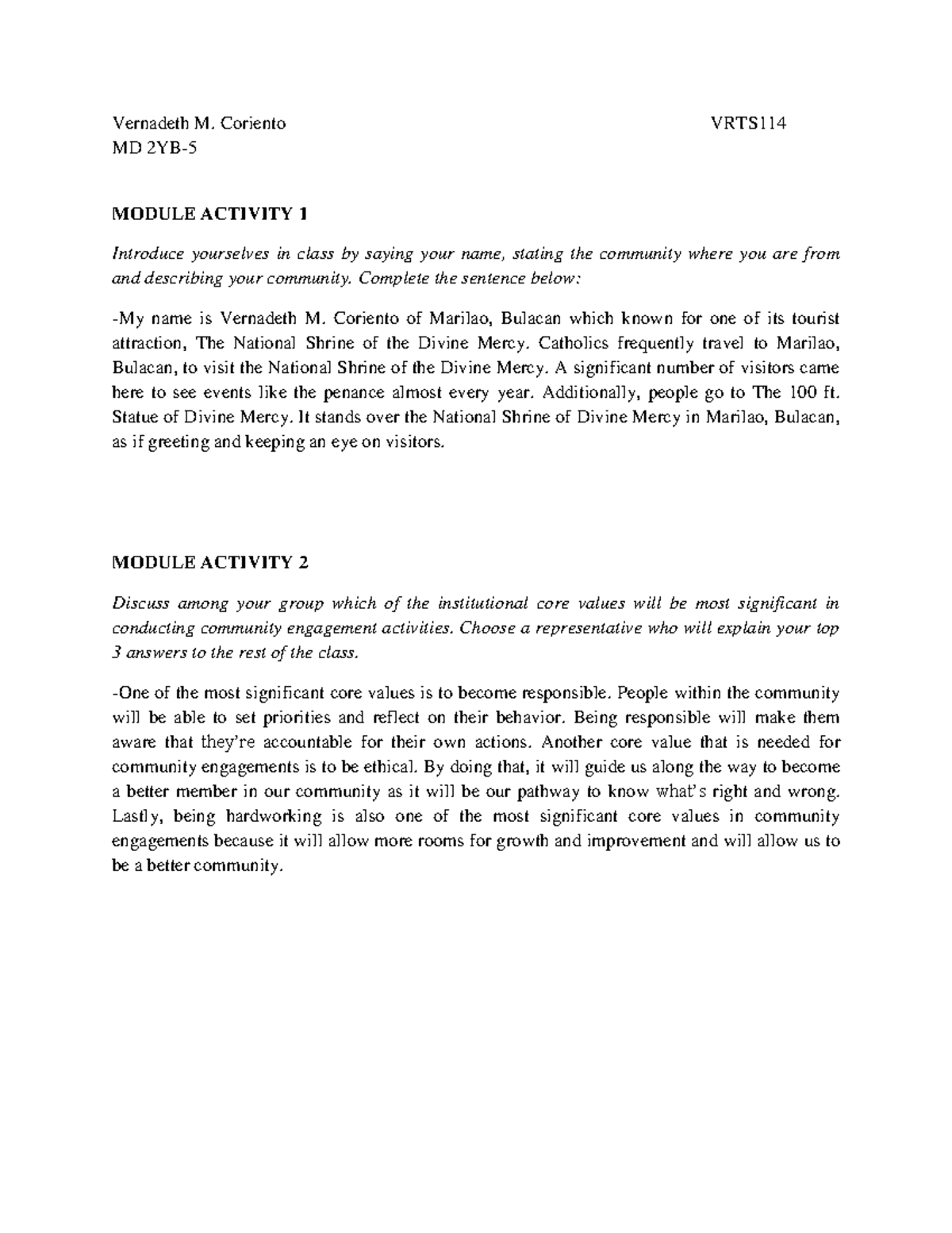 Veritas 4 act1 - vrts - Vernadeth M. Coriento VRTS MD 2YB- MODULE ...