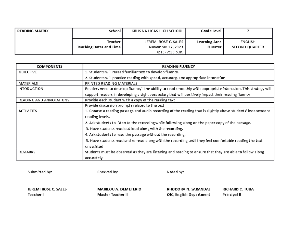 Reading Matrix - READING MATRIX School KRUS NA LIGAS HIGH SCHOOL Grade ...