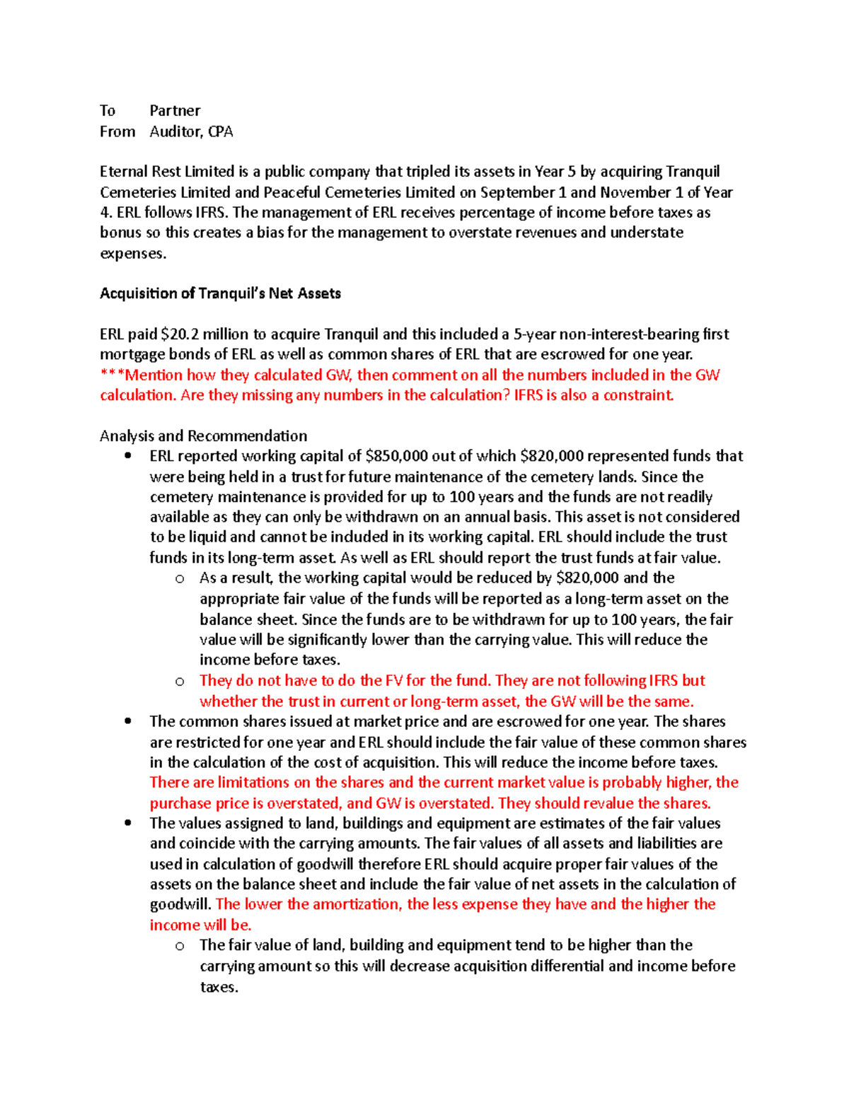 Eternal Rest Limited - Case Solution - To Partner From Auditor, CPA ...