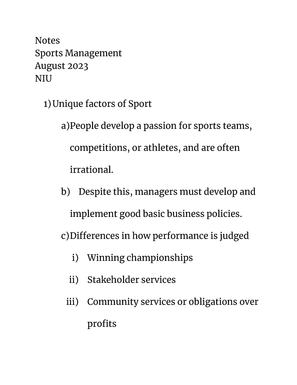 Lecture 1 SM - Notes Sports Management August 2023 NIU Unique factors ...