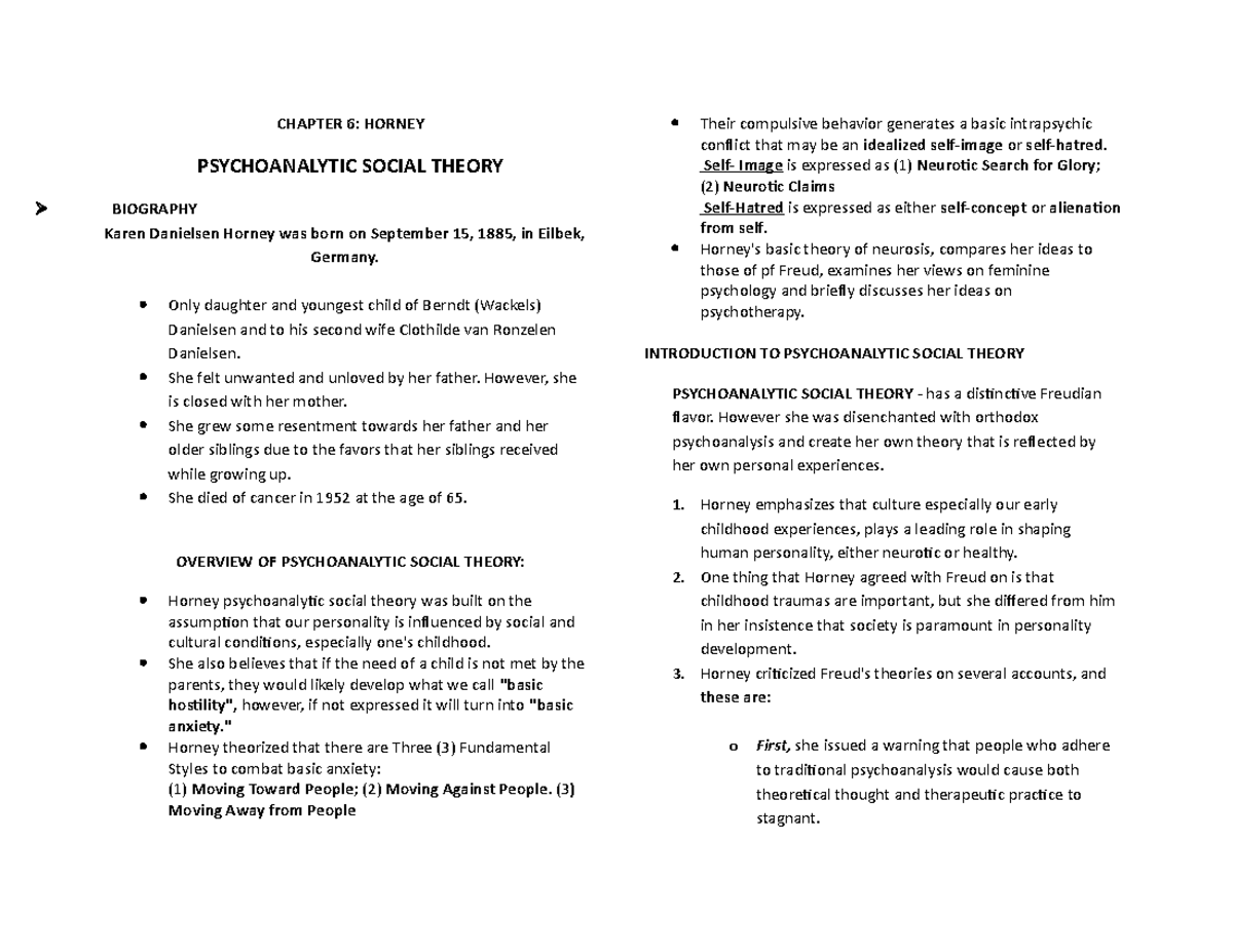 THEORY OF PERSONALITY - CHAPTER 6: HORNEY PSYCHOANALYTIC SOCIAL THEORY ...