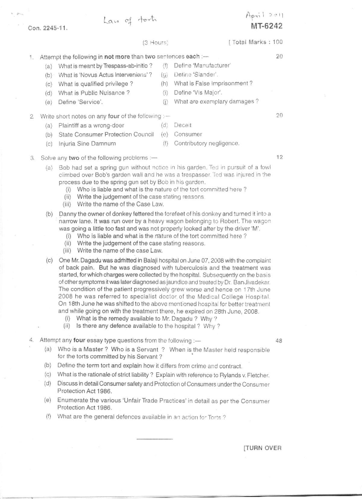 Tort pyq - torts past year questions - B.l.s. Ll.b. - Studocu