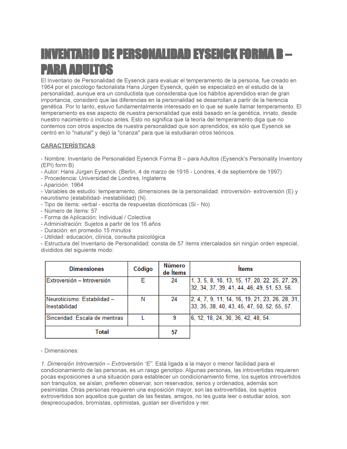 Inventario De Personalidad Eysenck Forma B Inventario De Personalidad Eysenck Forma B Para