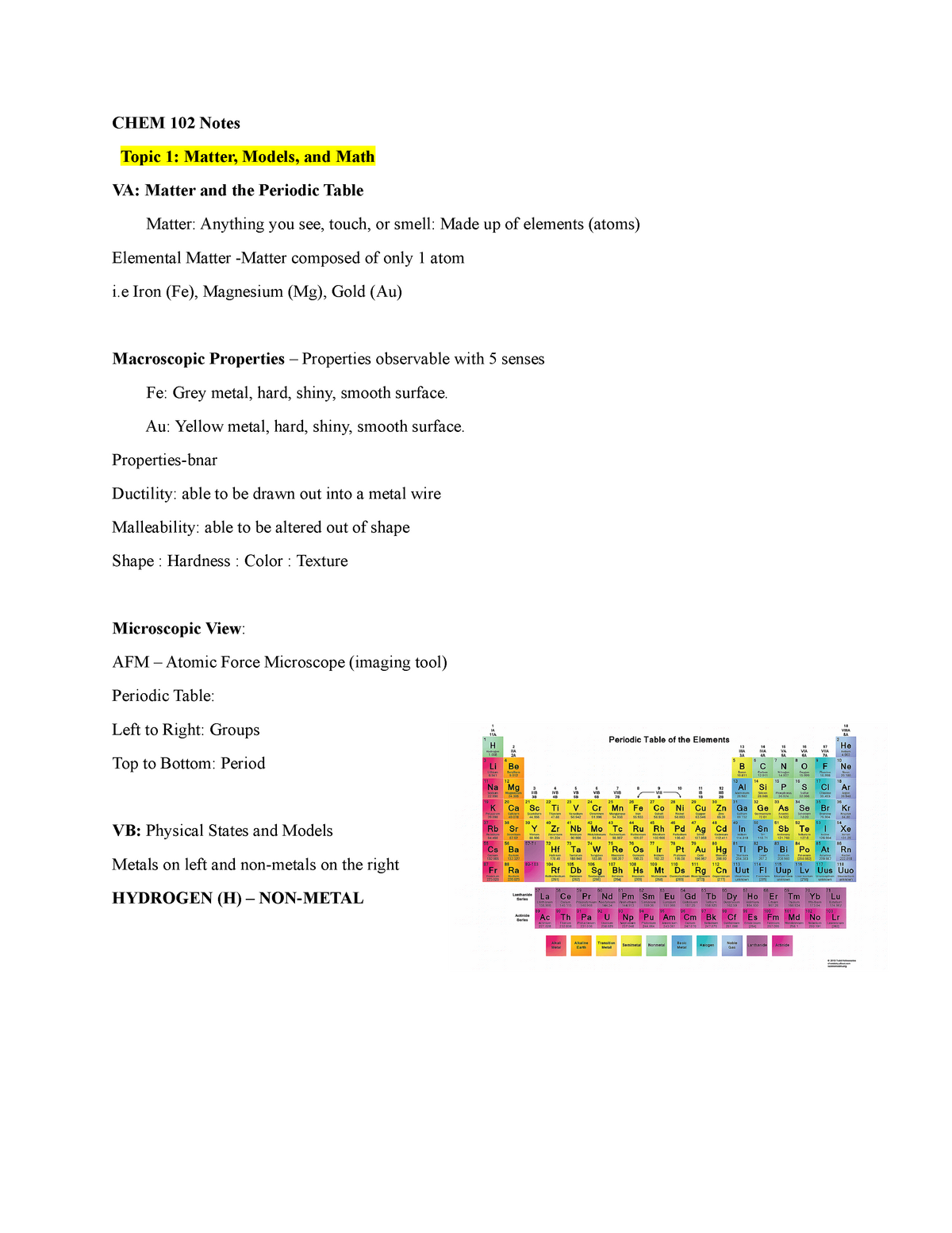 Chem 102 Lecture Notes Chem 102 Notes Topic 1 Matter Models And Math Va Matter And The 0229