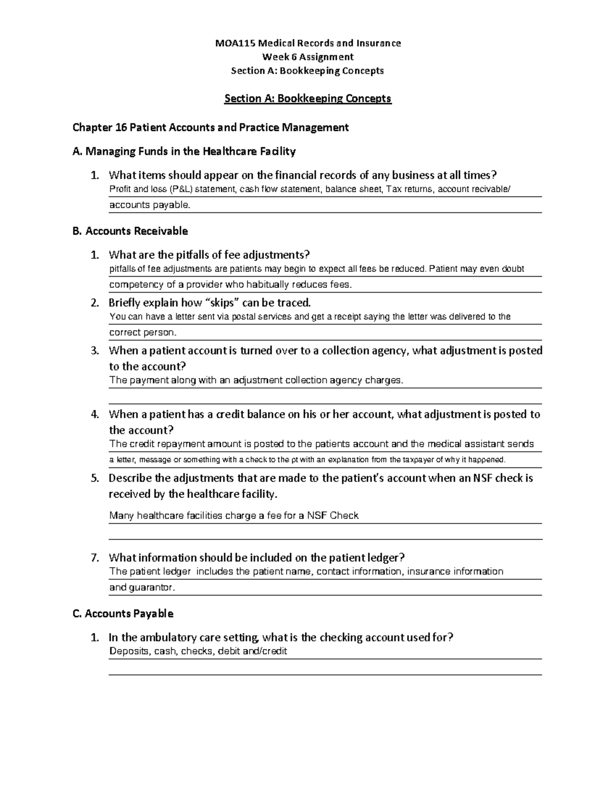 Week 6 Assignment Worksheet - MOA115 Medical Records and Insurance Week ...