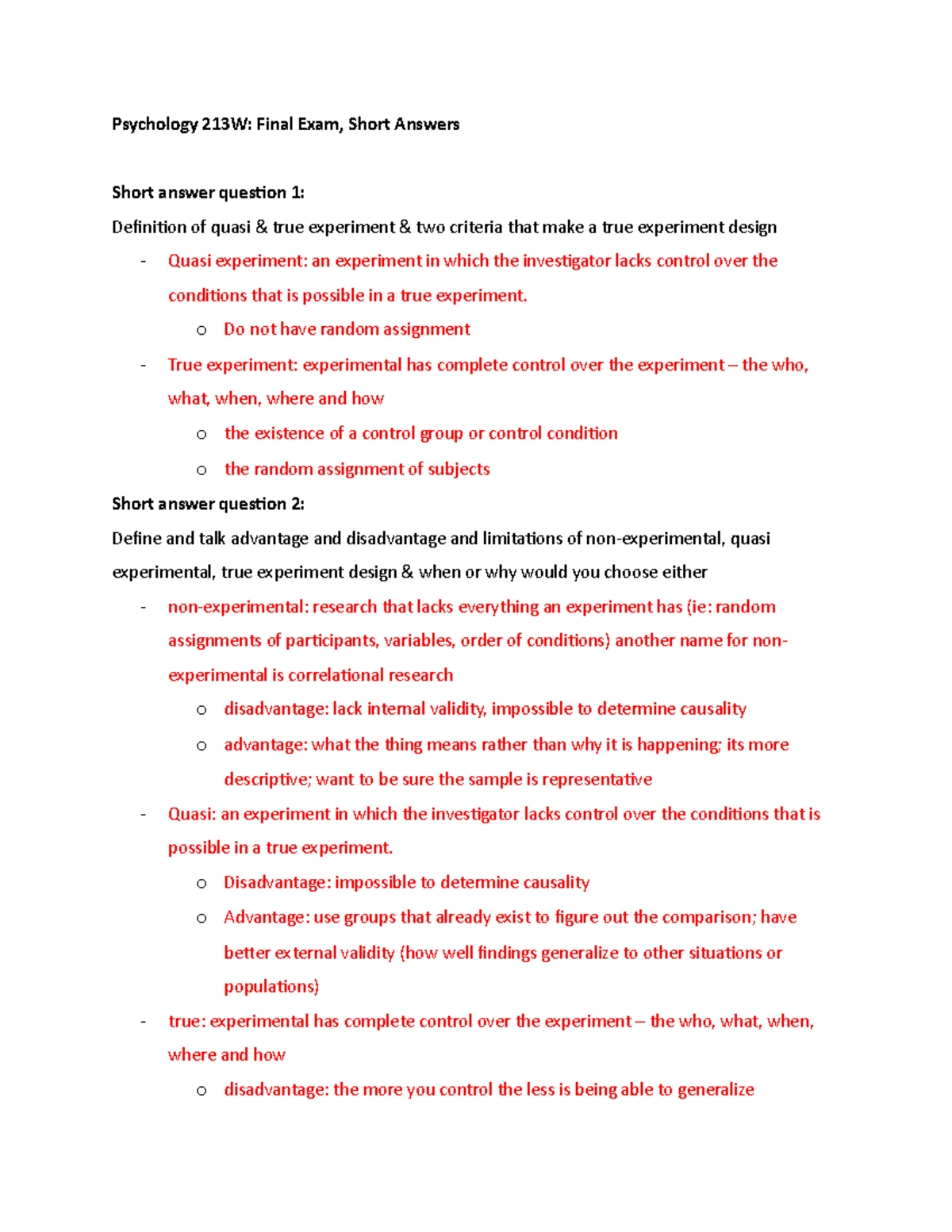 Psychology 213W- final exam short answers - Psychology 213W: Final Exam ...