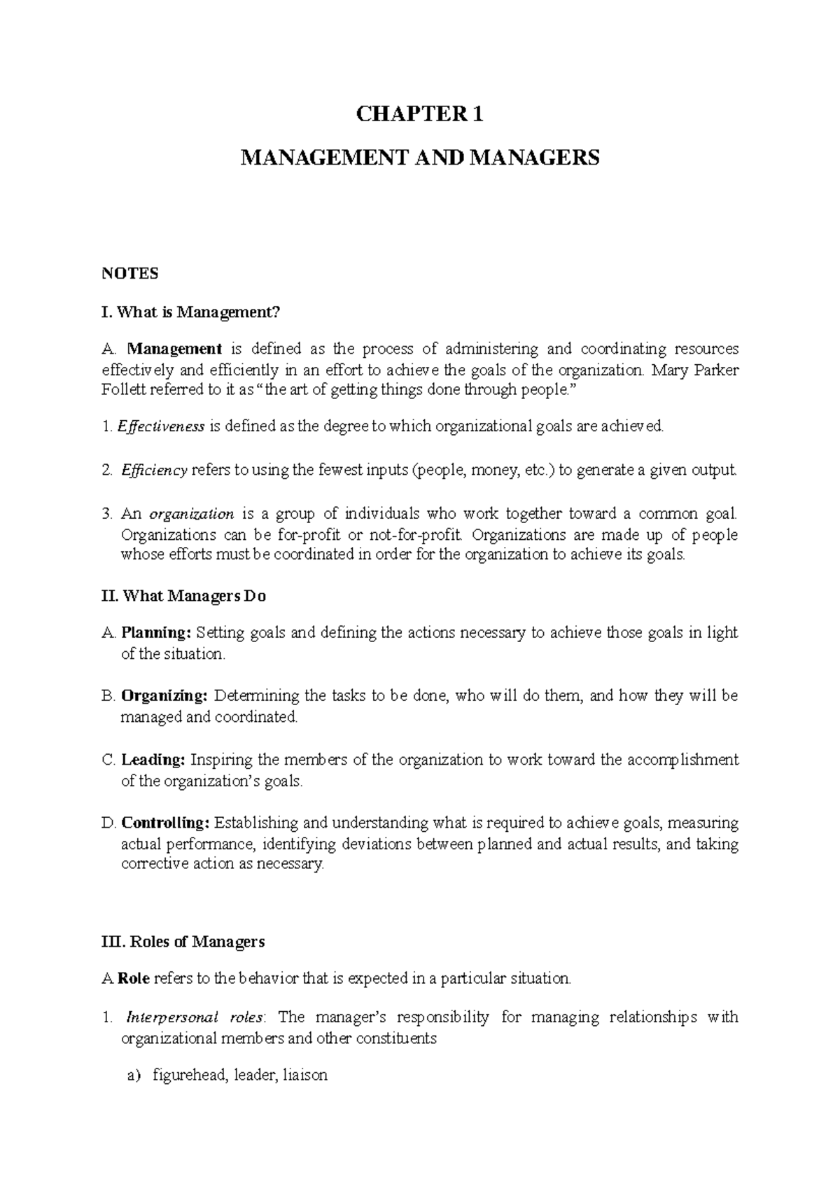 Chapter 1 Summary FOR Students CHAPTER 1 MANAGEMENT AND MANAGERS
