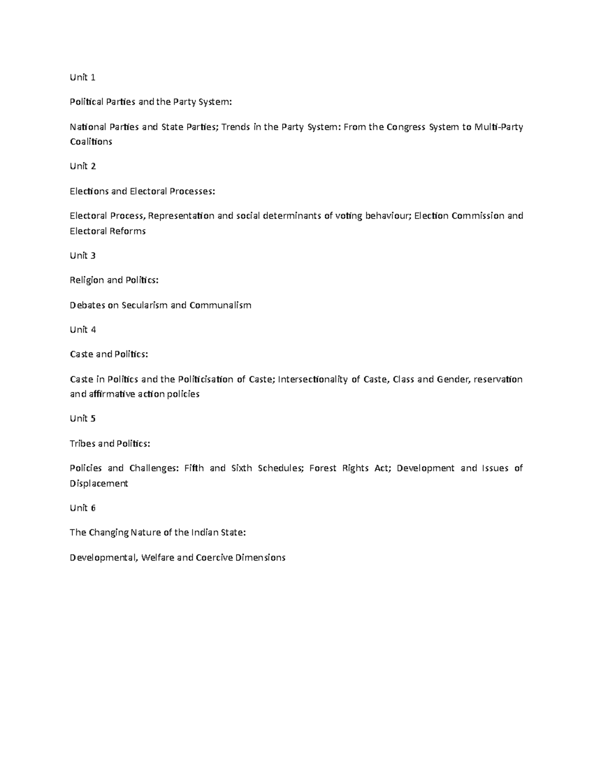 Political process in India syllabus - Unit 1 Political Parties and the ...