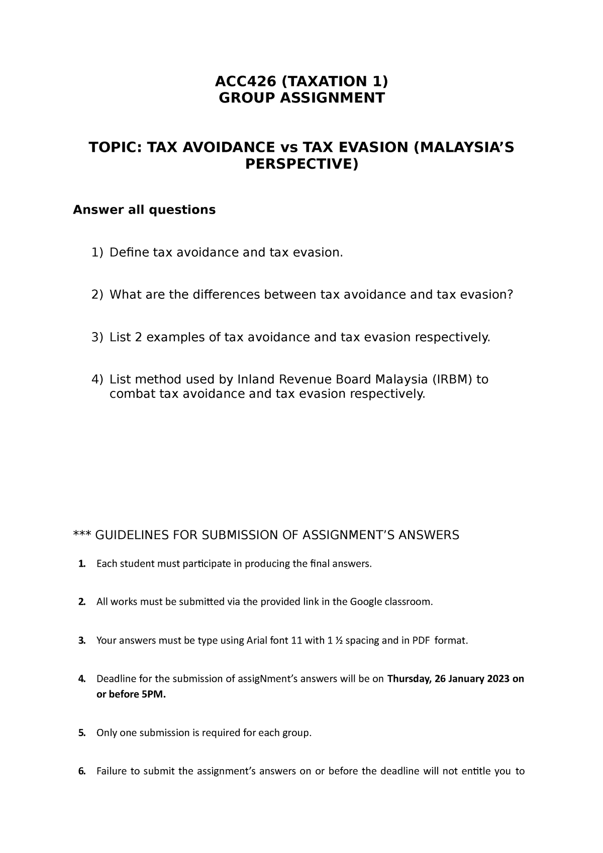 tax avoidance assignment