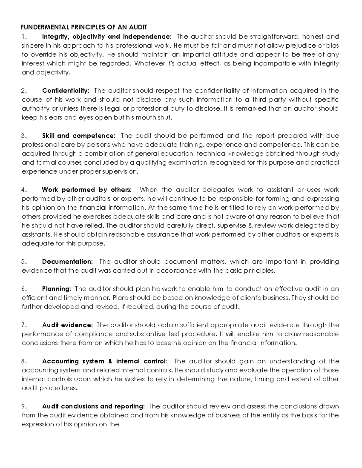 Audit Notes - FUNDERMENTAL PRINCIPLES OF AN AUDIT Integrity ...