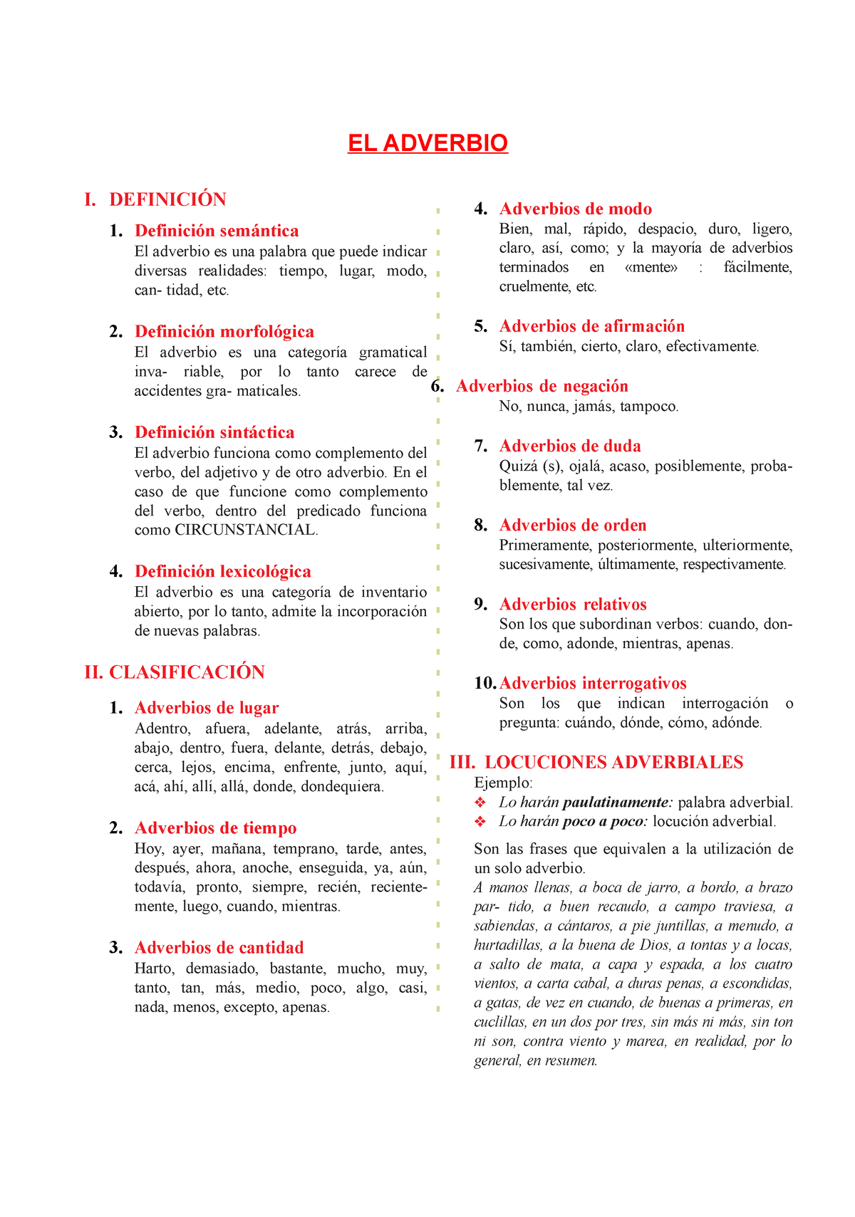 5III C EL Adverbio Y SUS Clases - EL ADVERBIO I. DEFINICIÓN 1 ...