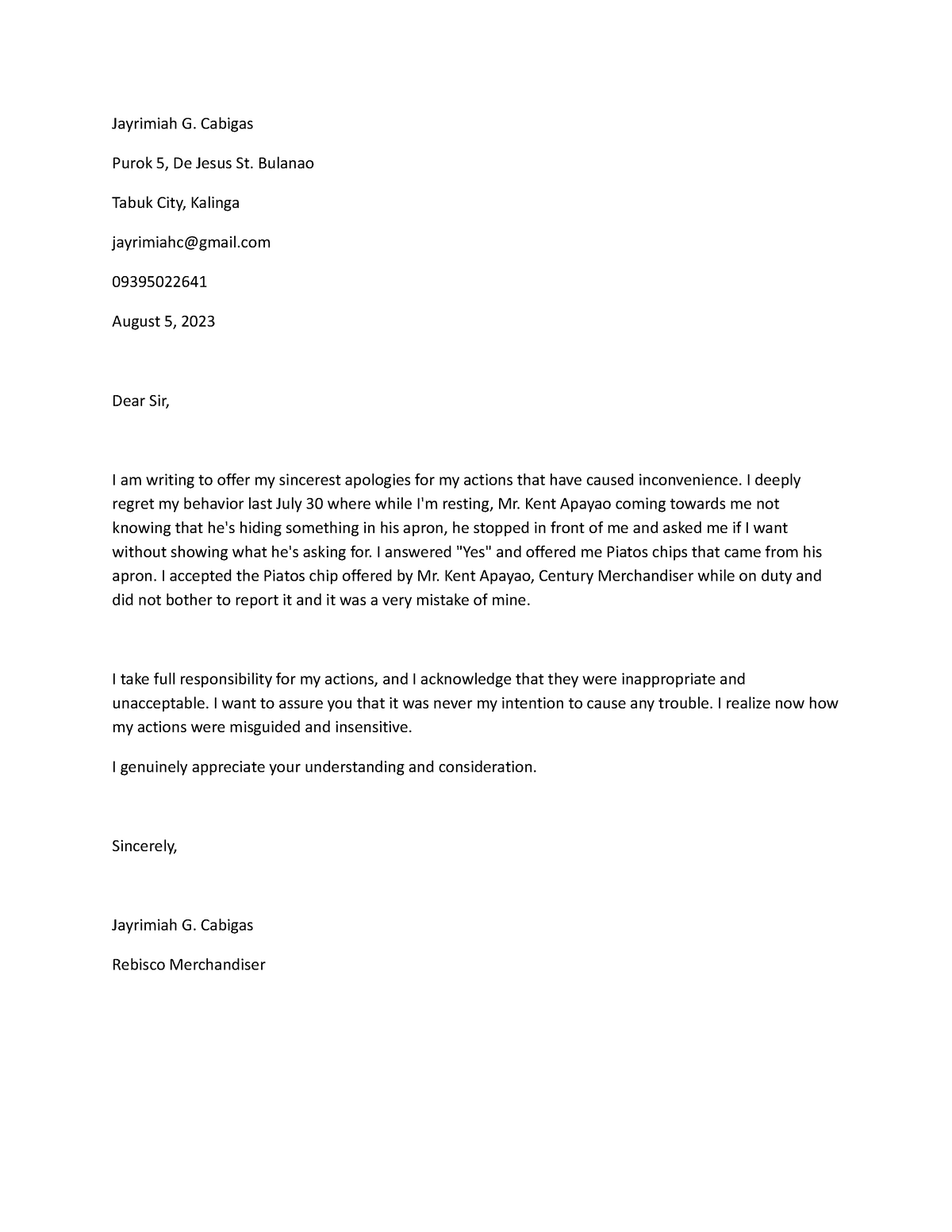 Apology Letter G. Ca-WPS Office - Jayrimiah G. Cabigas Purok 5, De ...