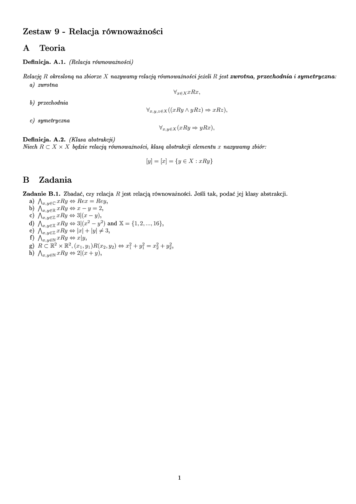 Zestaw 9 Relacja Rownowaznosci - Zestaw 9 - Relacja Równowa»no±ci A ...