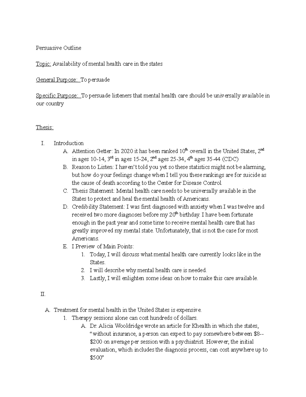 mental health persuasive speech outline