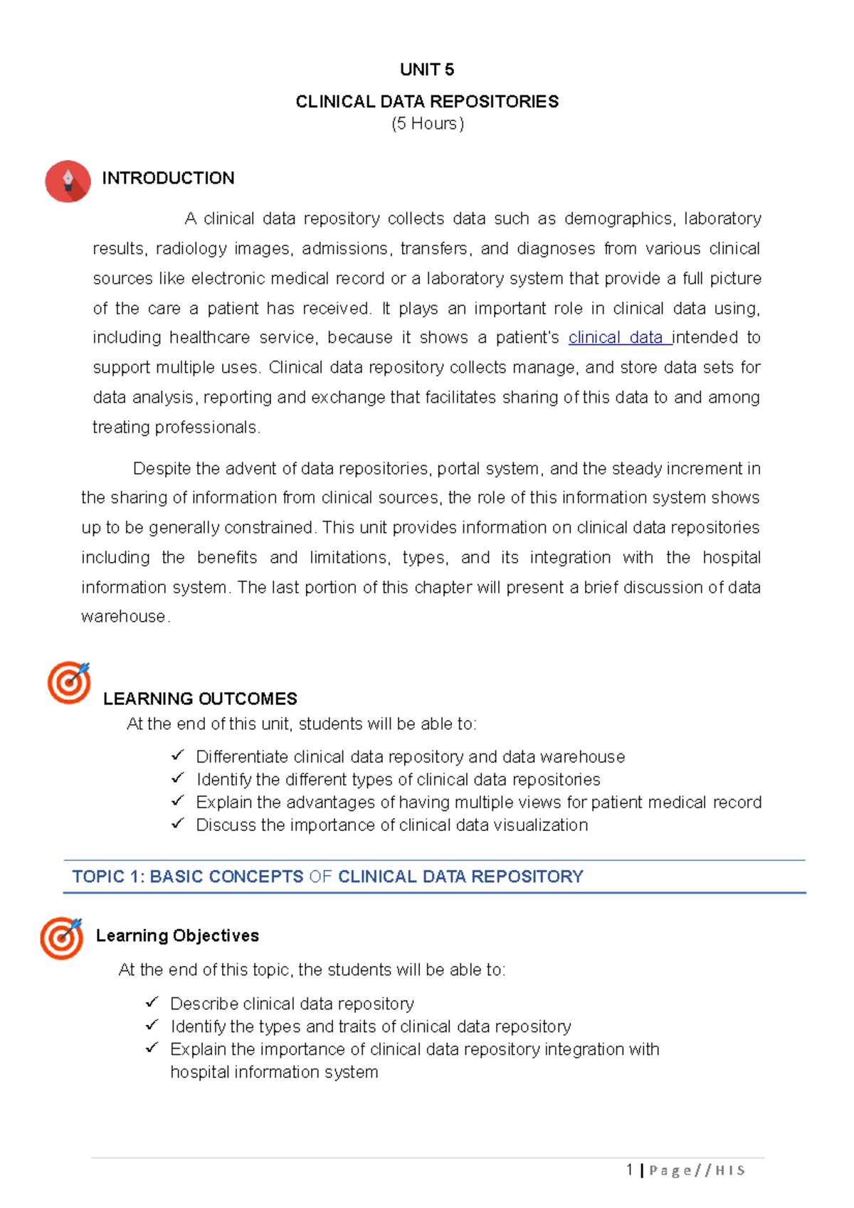 Topic 1 Basic Concepts of Clinical Data Repositories - UNIT 5 CLINICAL ...