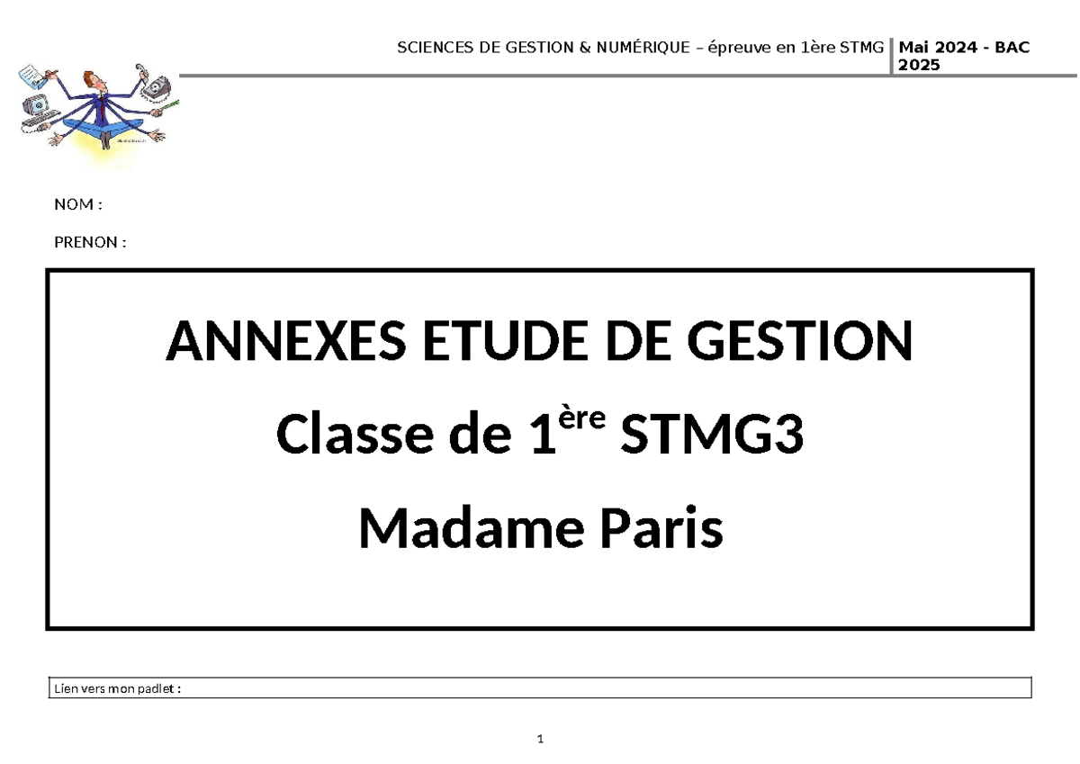 1STMG3 Annexes A Completer Etude de Gestion 2024 2025 NOM PRENON