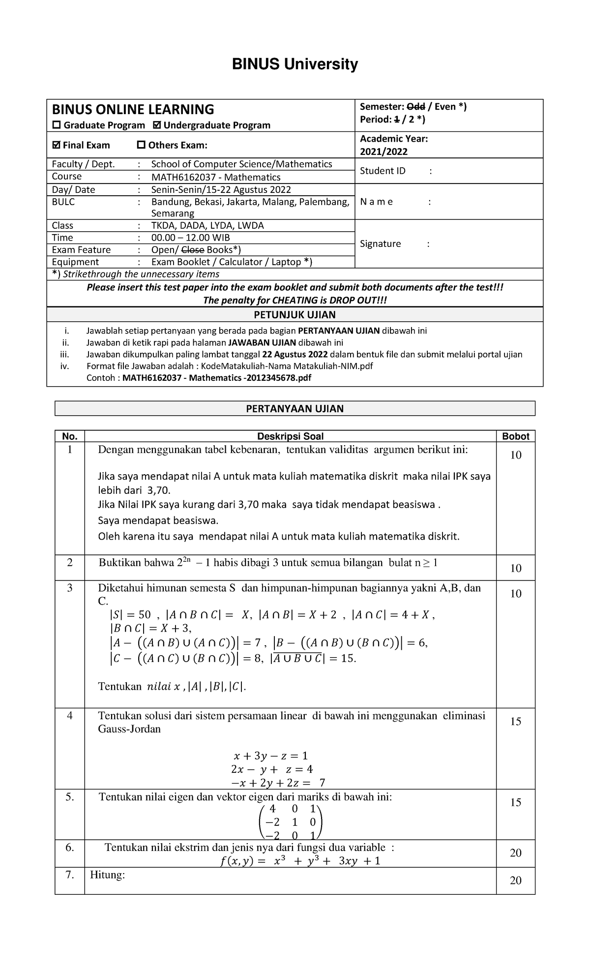 2502140584 LWDA MATH6162037 Mathematics-Question - BINUS University ...