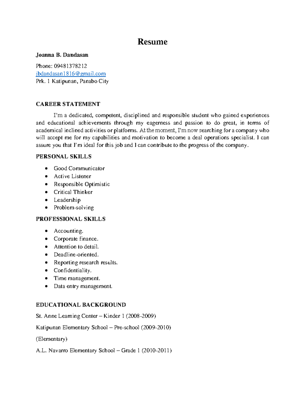 Resume-Dandasan - none - Resume Joanna B. Dandasan Phone: 09481378212 ...