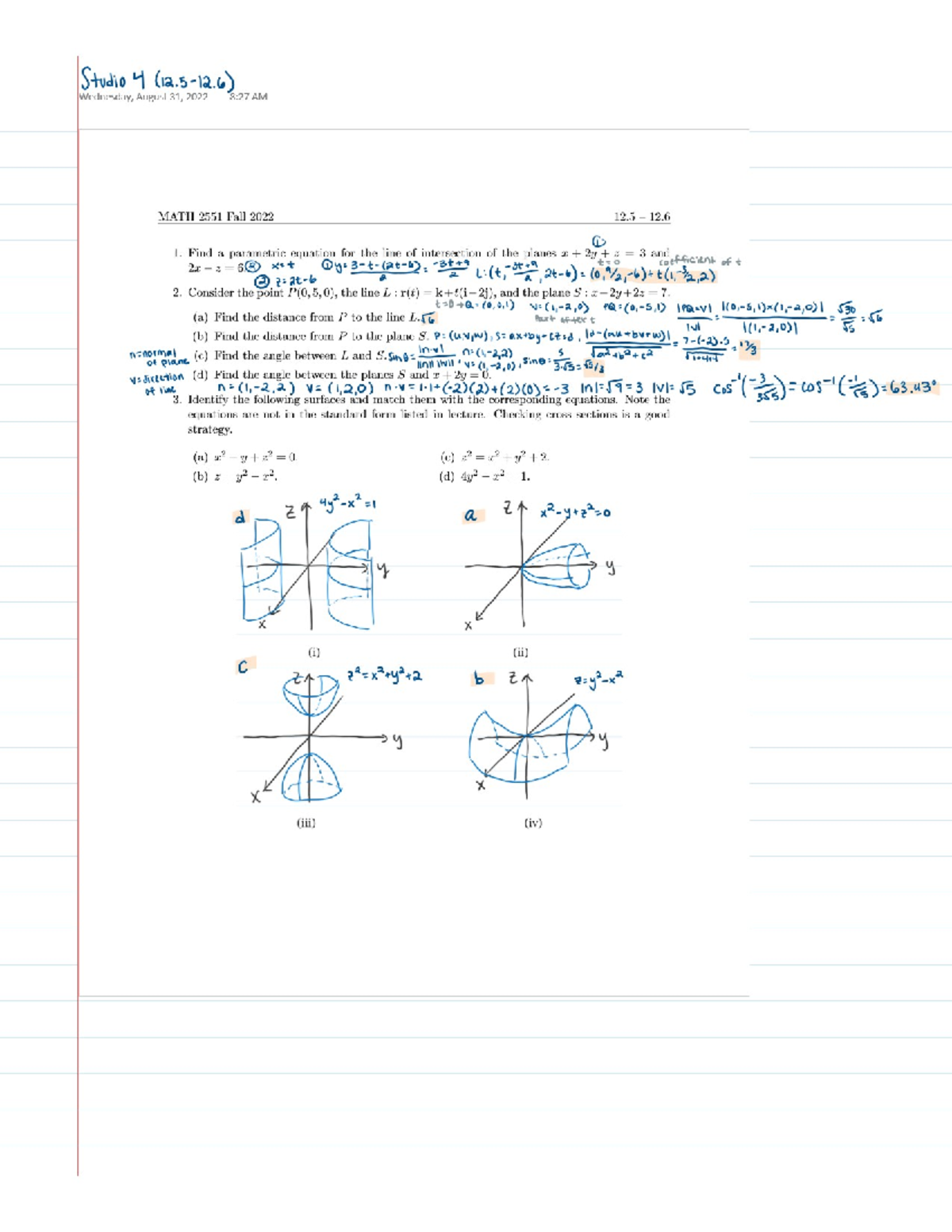 Math2551-studio 4 - Sections 12.5-12.6 - MATH 2551 - Studocu