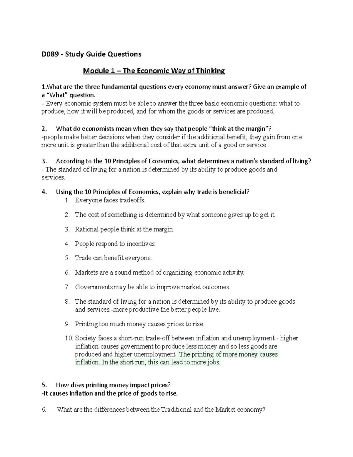 D089 Study Guide - D089 - Study Guide Questions Module 1 – The Economic ...