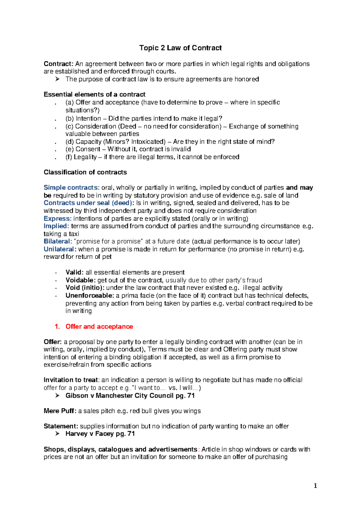 Topic Summaries - 2-9 - Topic 2 Law Of Contract Contract: An Agreement ...