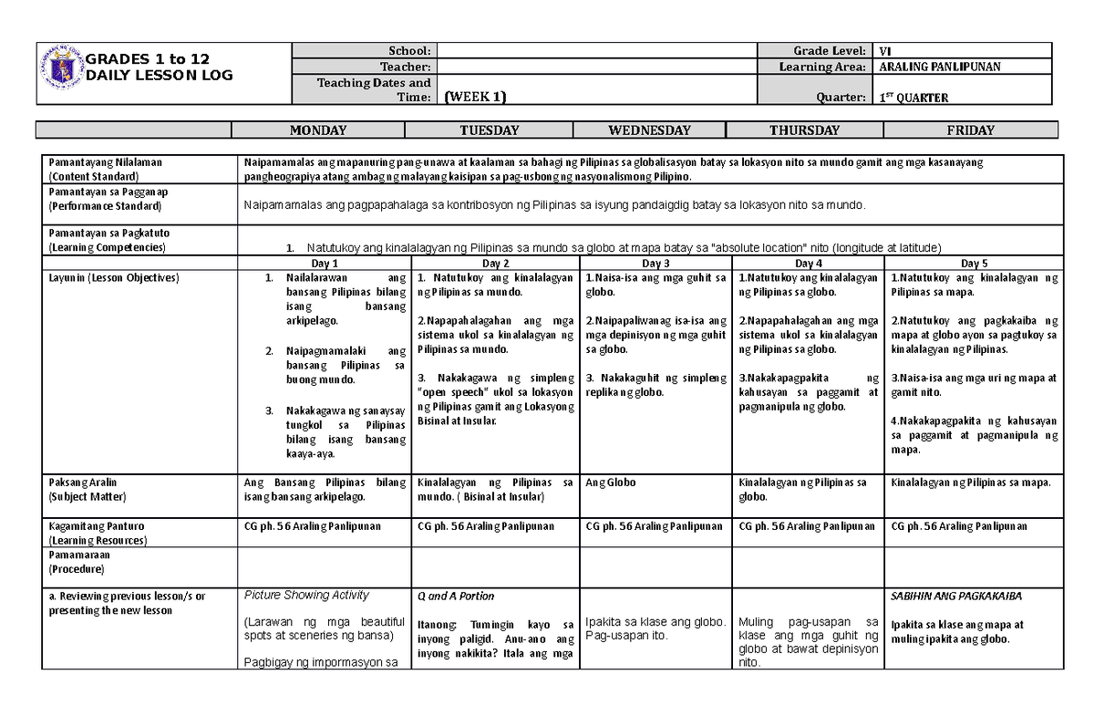 AP DLL - FFH - GRADES 1 to 12 DAILY LESSON LOG School: Grade Level: VI ...