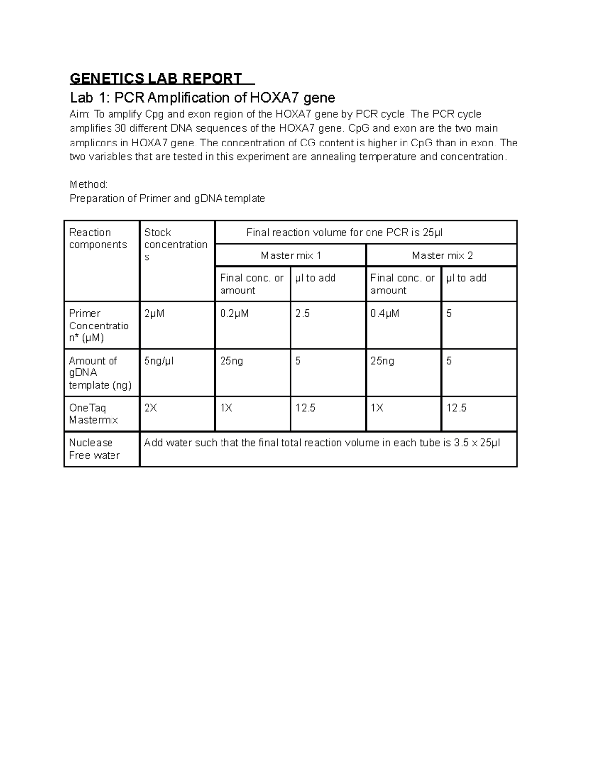 LAB Report LAB REPORT Lab 1 PCR Amplification of HOXA7 gene Aim To amplify